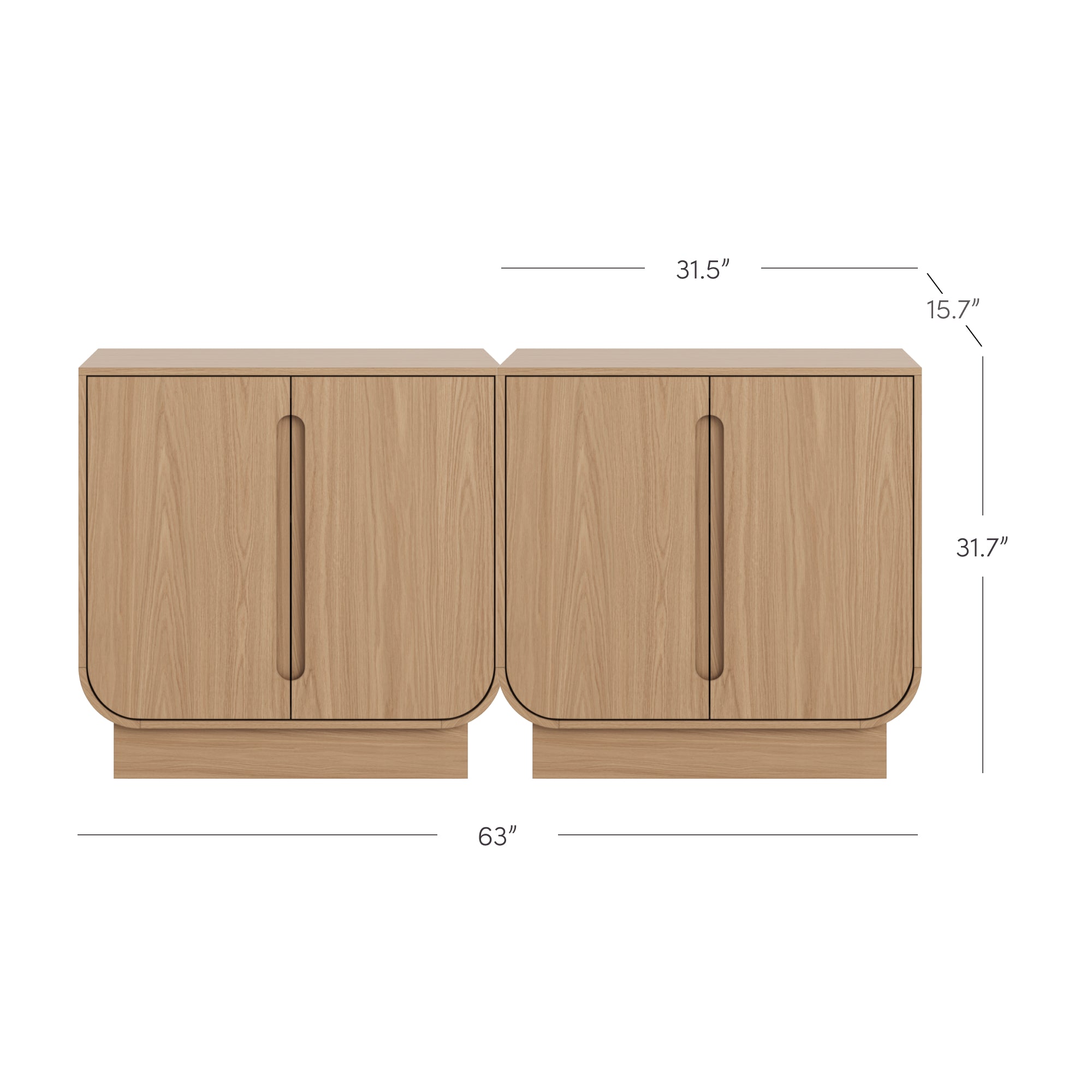 Two light wood storage cabinets with rounded corners are side by side. Each cabinet has vertical handles and sits on a short base. Dimensions are labeled: 63 wide, 31.7 tall, 31.5 wide per cabinet, and 15.7 deep.