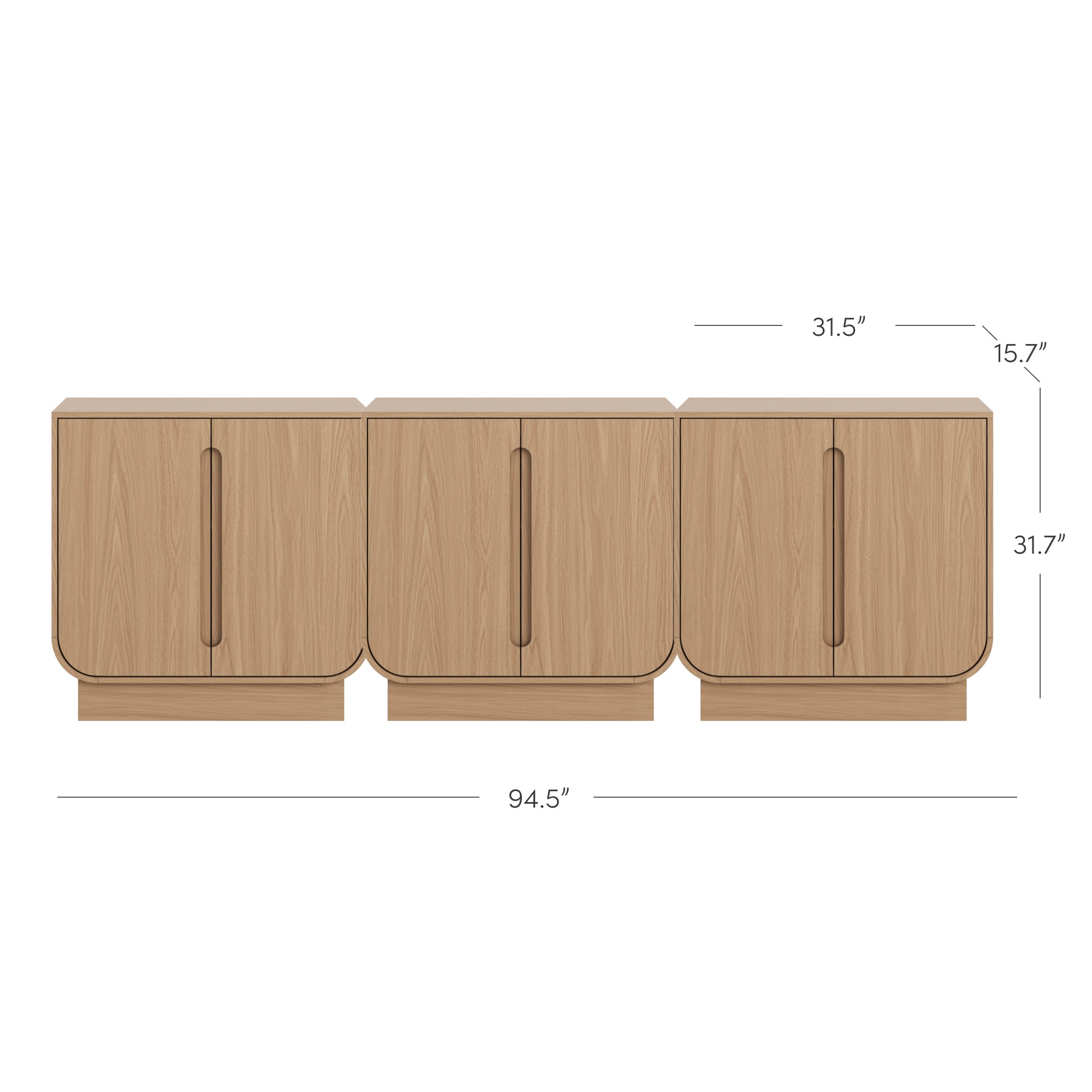Three connected light wood cabinets with vertical handles. The combined width is 94.5 inches. Each cabinet is 31.5 inches wide, 31.7 inches tall, and 15.7 inches deep. Dimensions are labeled around the cabinets.