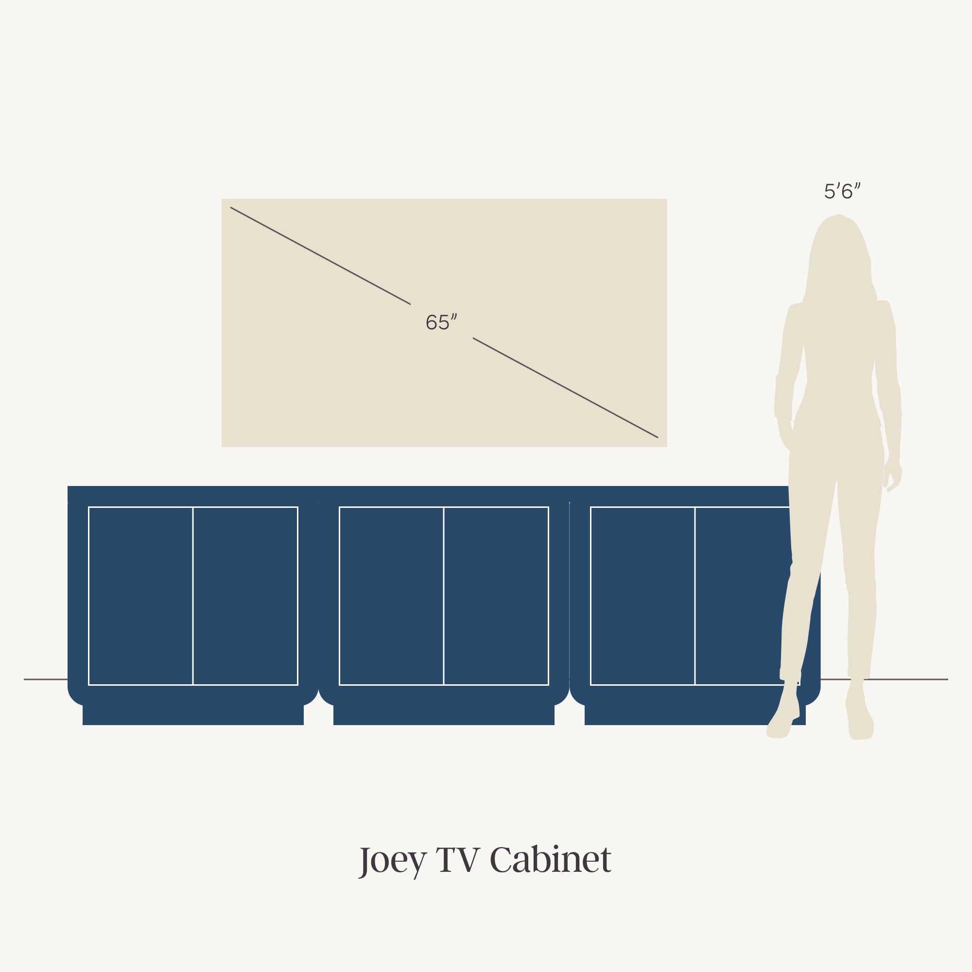 Illustration of a Joey TV Cabinet with a large TV (65-inch diagonal) mounted above it and a silhouette of a 56 person standing beside for scale.