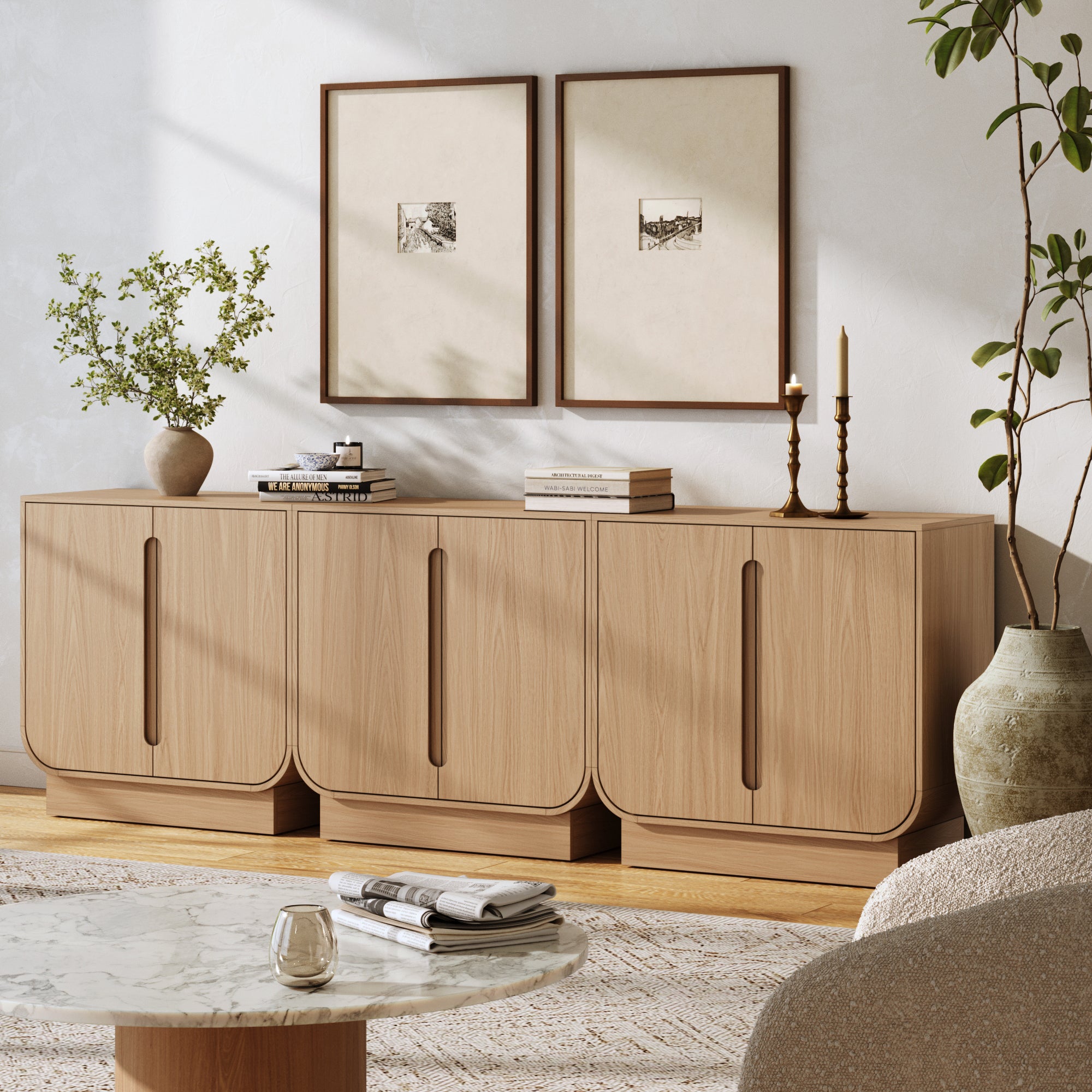 Wooden Arched Accent Cabinet or Kitchen Credenza Raw Oak (Set of 3)