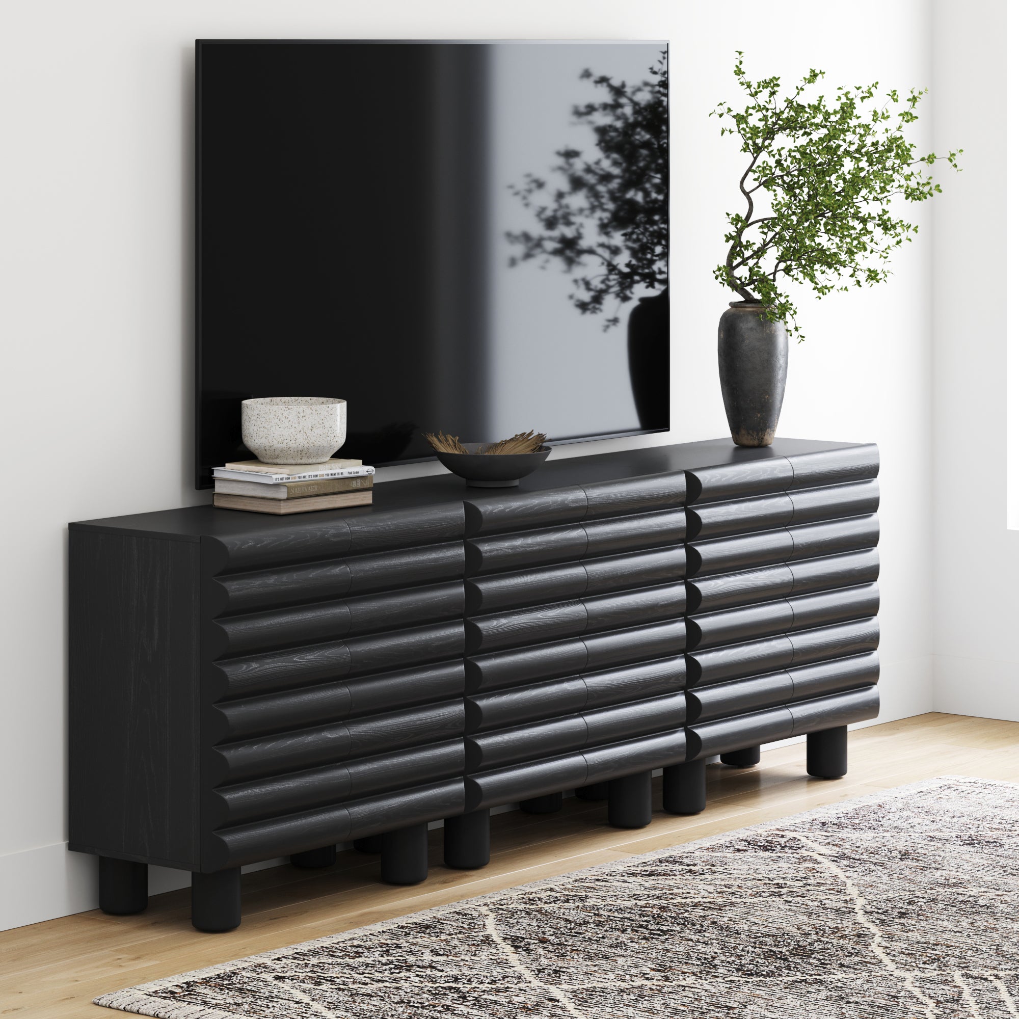 Wooden TV Stand Cabinet with Sculpted Door Black (Set of 3)