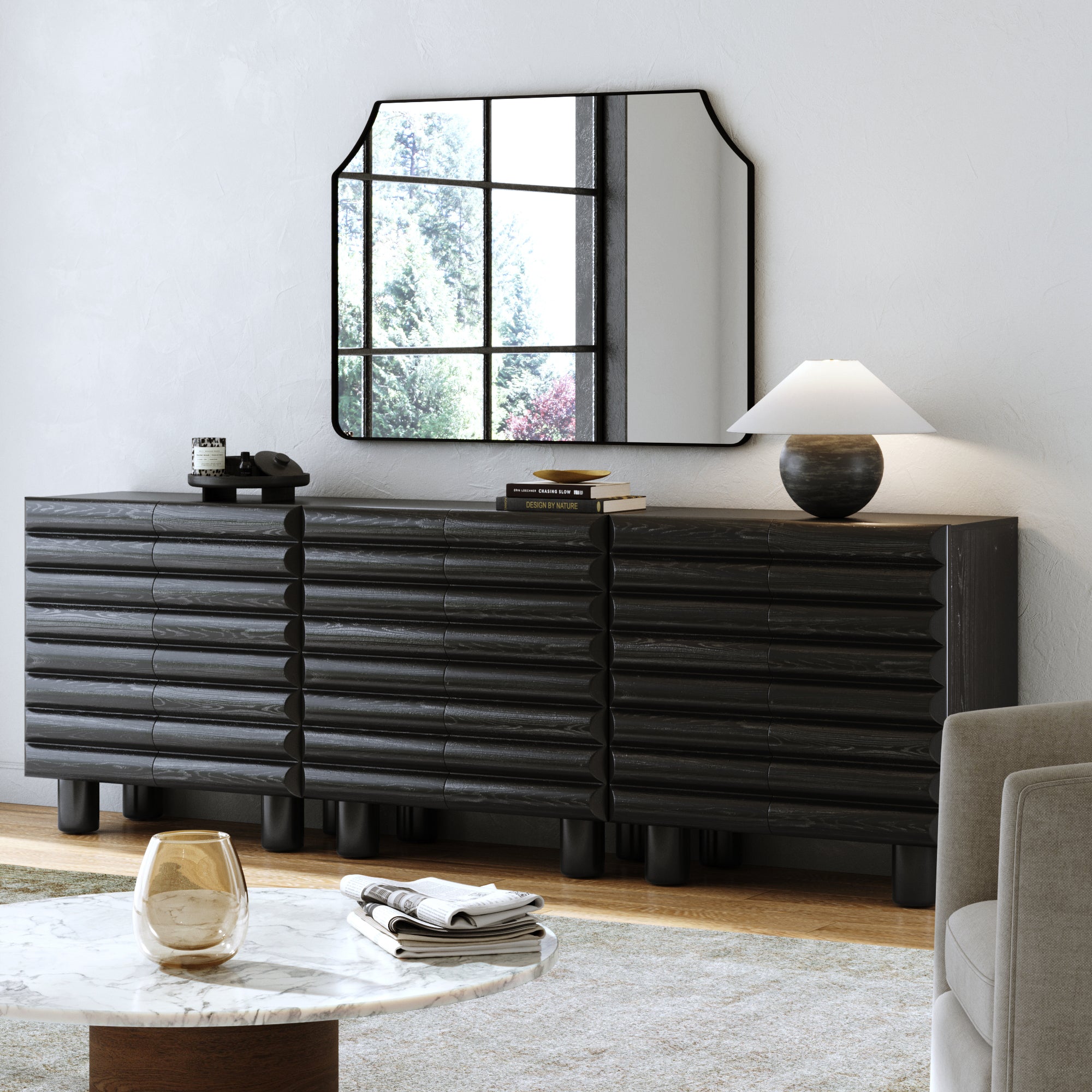 Wooden Sideboard Credenza Cabinet with Sculpted Door Black (Set of 3) - Nathan James