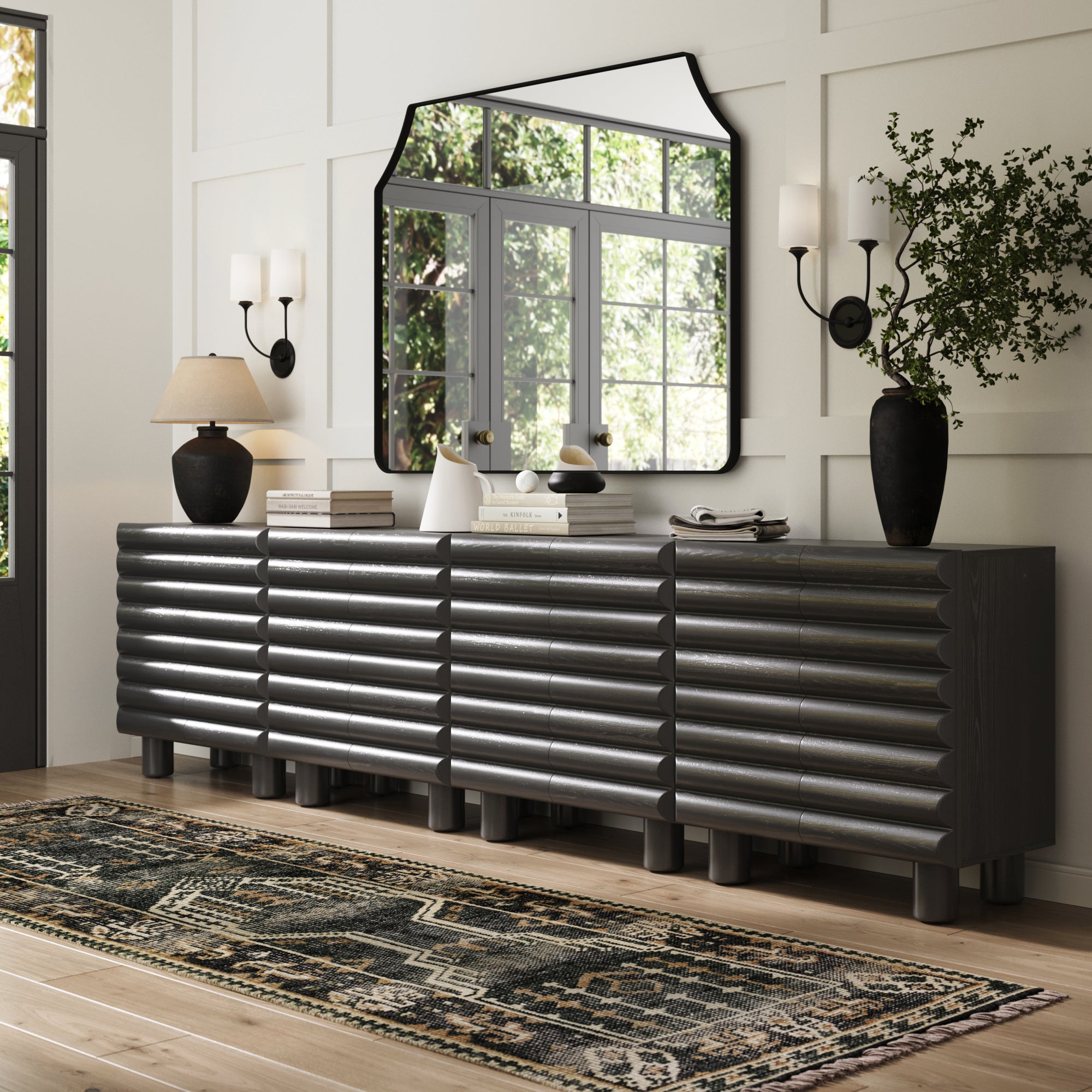 Wooden Credenza Cabinet with Sculpted Door Black (Set of 4)