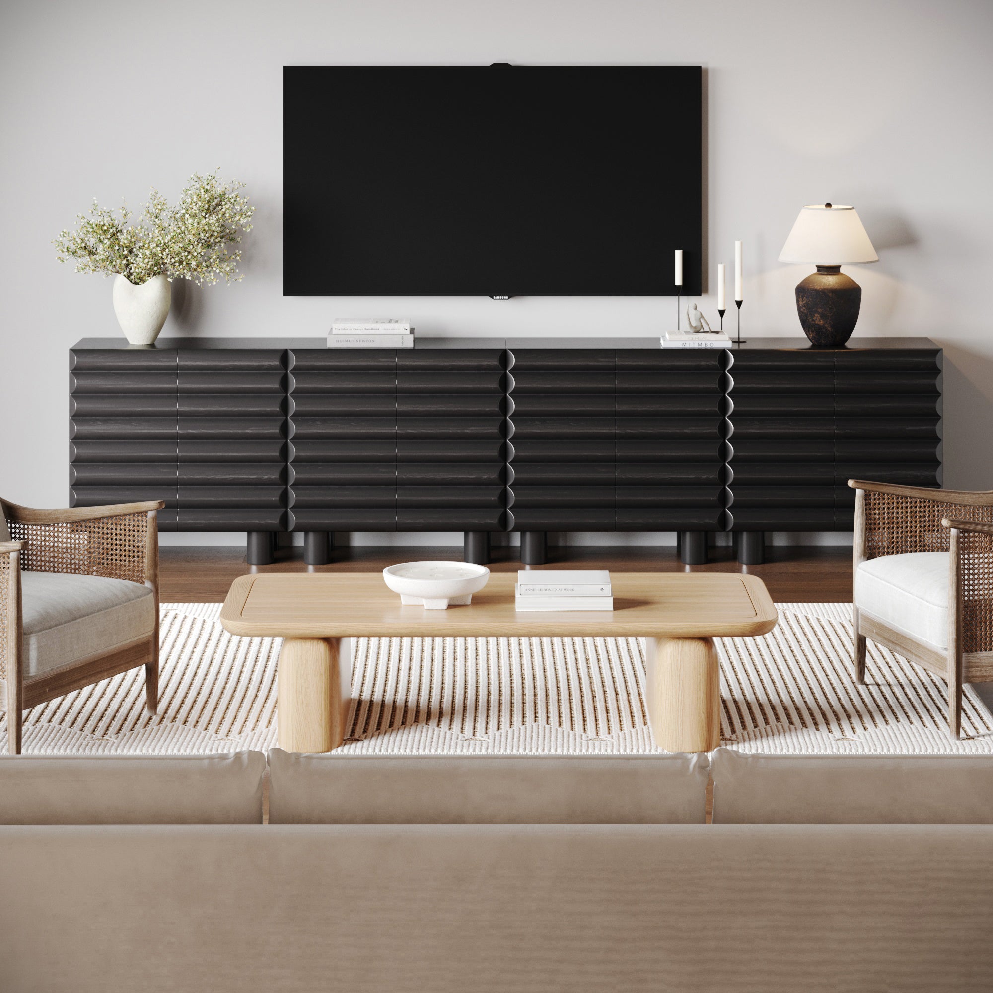 Modern Solid Wood TV Stand Cabinet with Sculpted Door for 85" TVs - Nathan James
