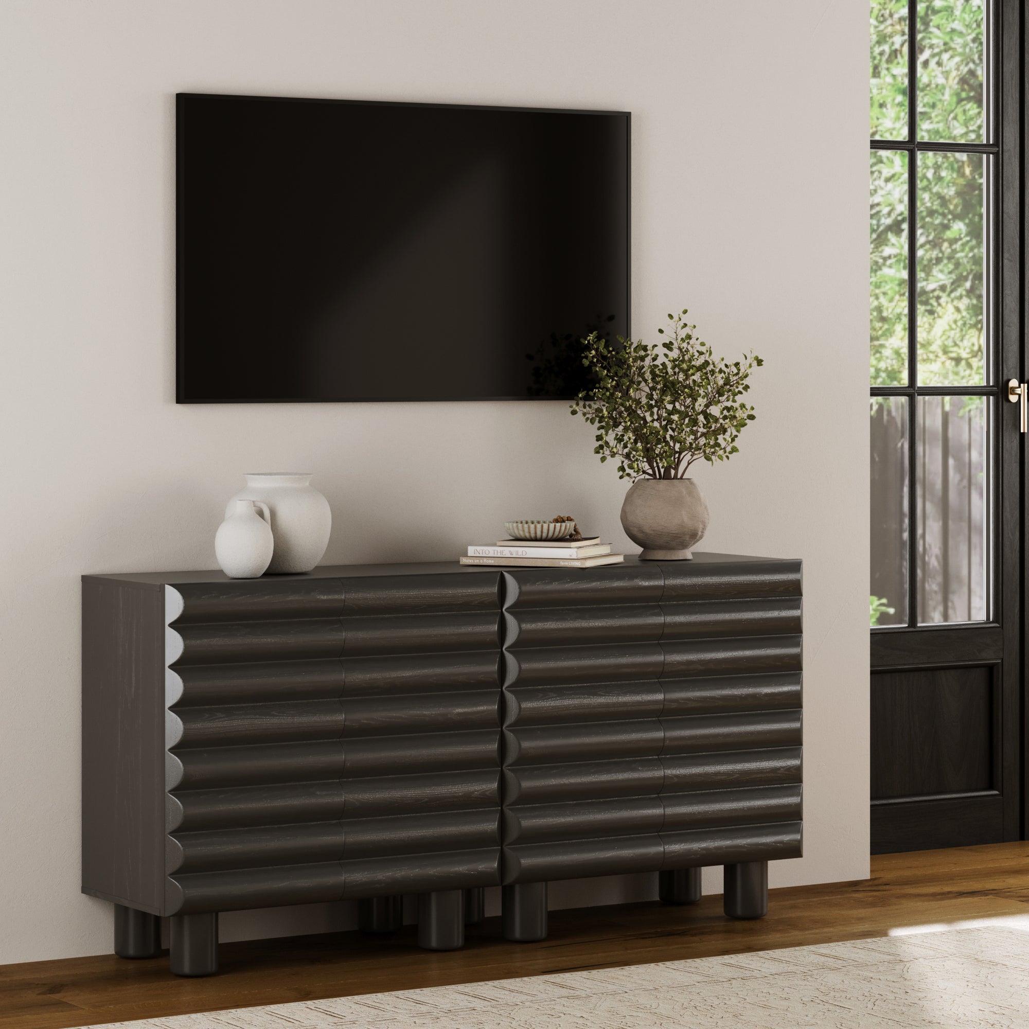Wood Modern Accent Cabinet with Sculpted Door Black