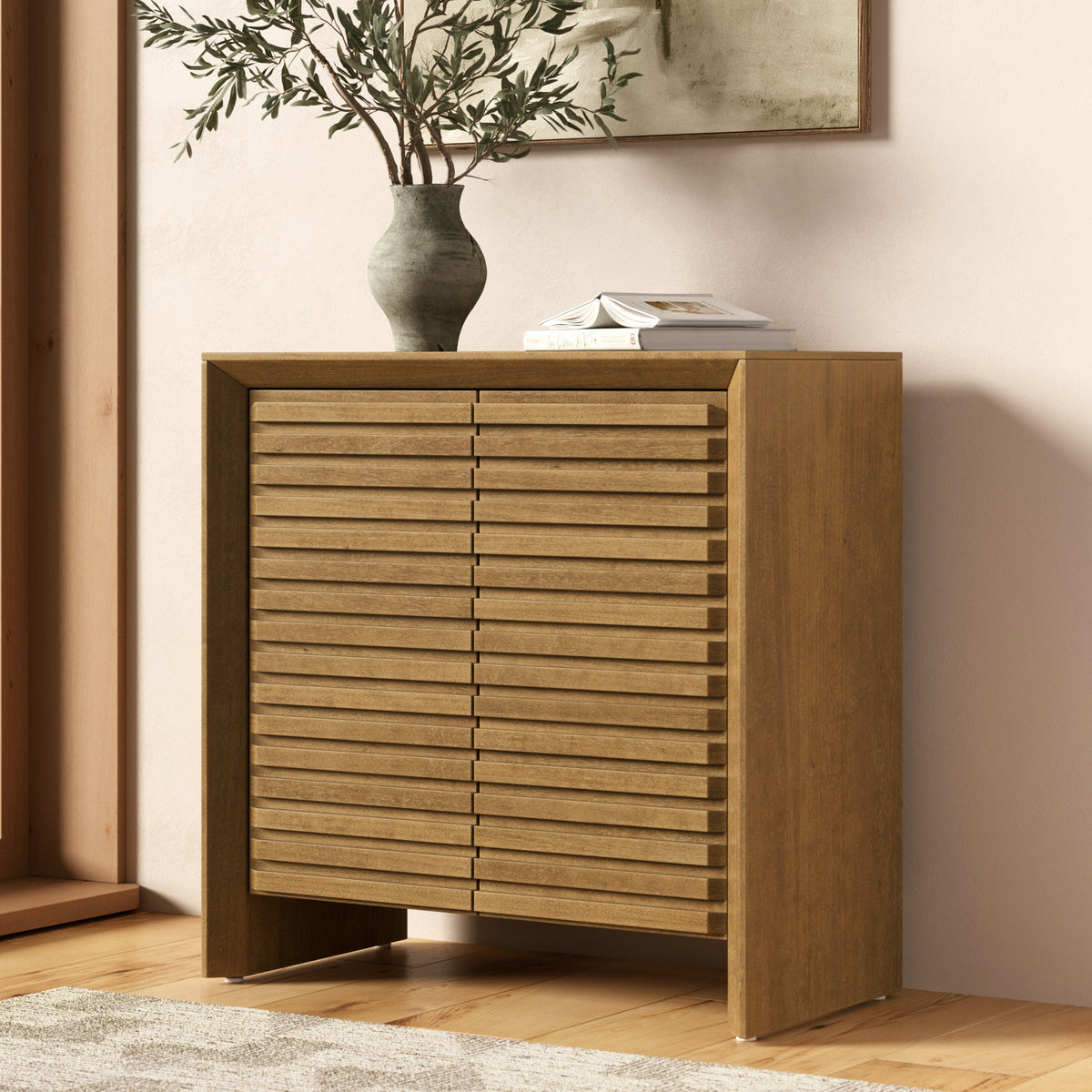 Modern Wood Storage Cabinet with Slatted Doors Brown - Nathan James