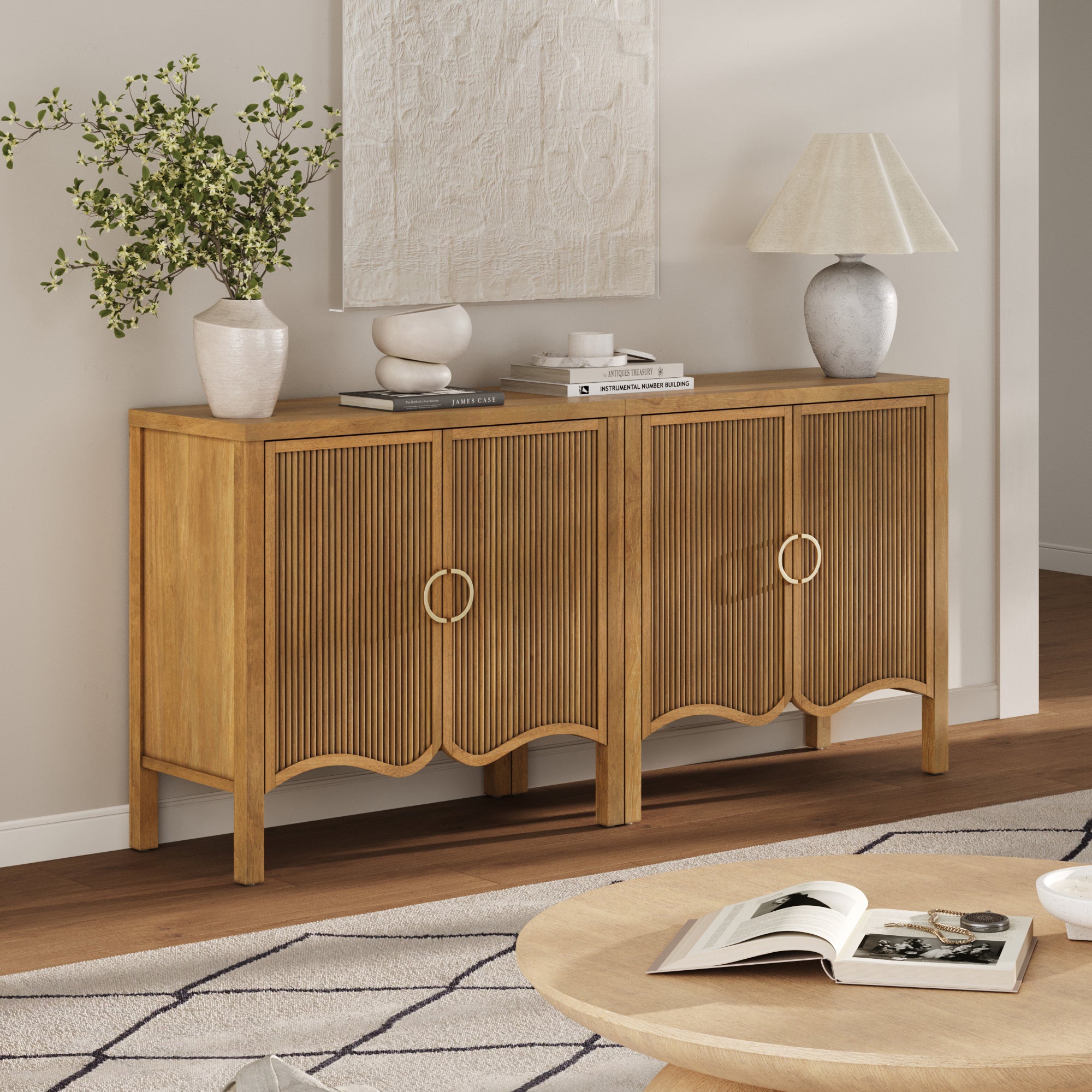 Scott Credenza Wood Light Brown Set of 2 Fluted | Nathan James Scott Credenza Wood Light Brown Set of 2 Fluted | Nathan James