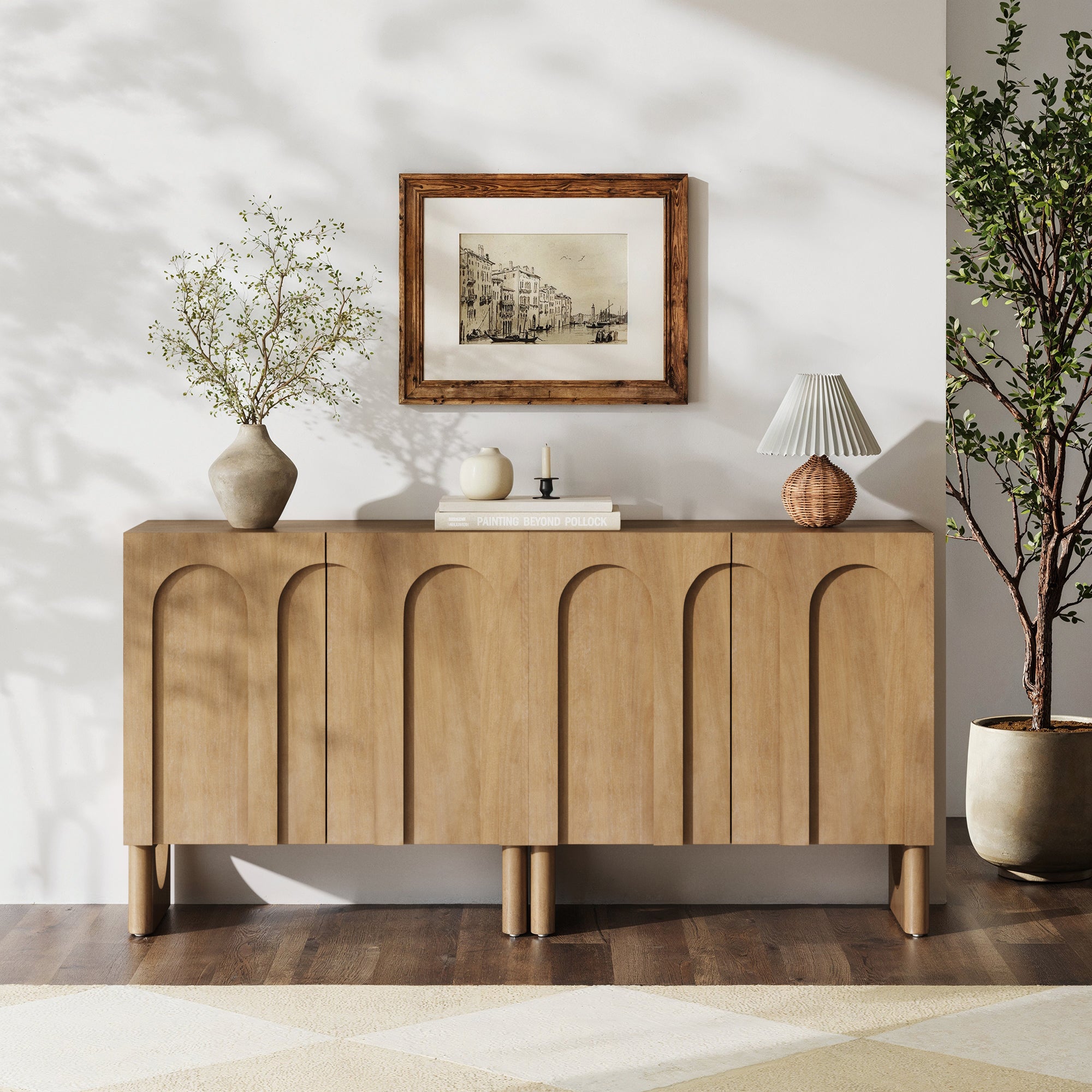 Mid Century Modern Credenza Console Cabinet Light Brown (Set of 2)