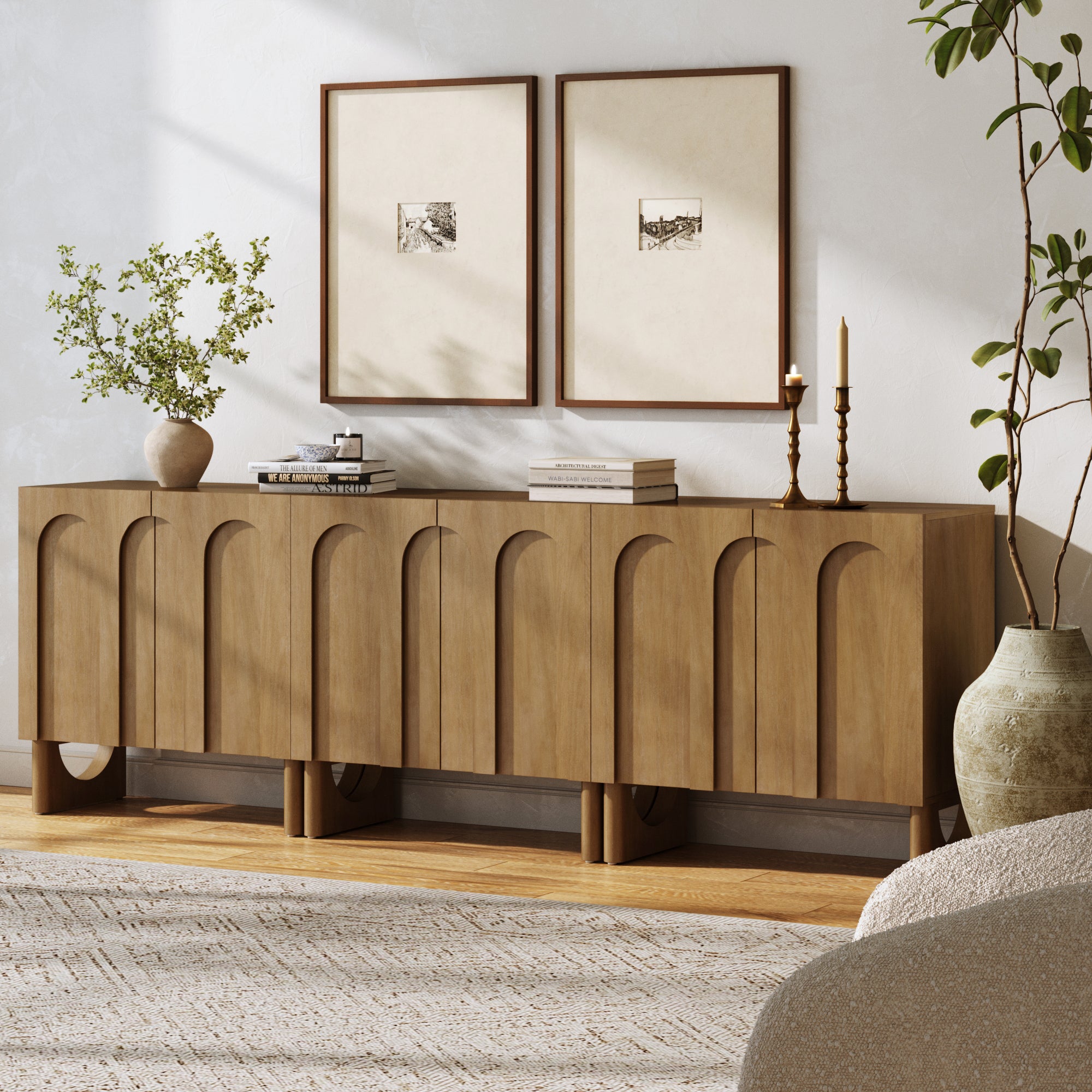 Mid Century Modern Credenza Console Cabinet Light Brown (Set of 3)