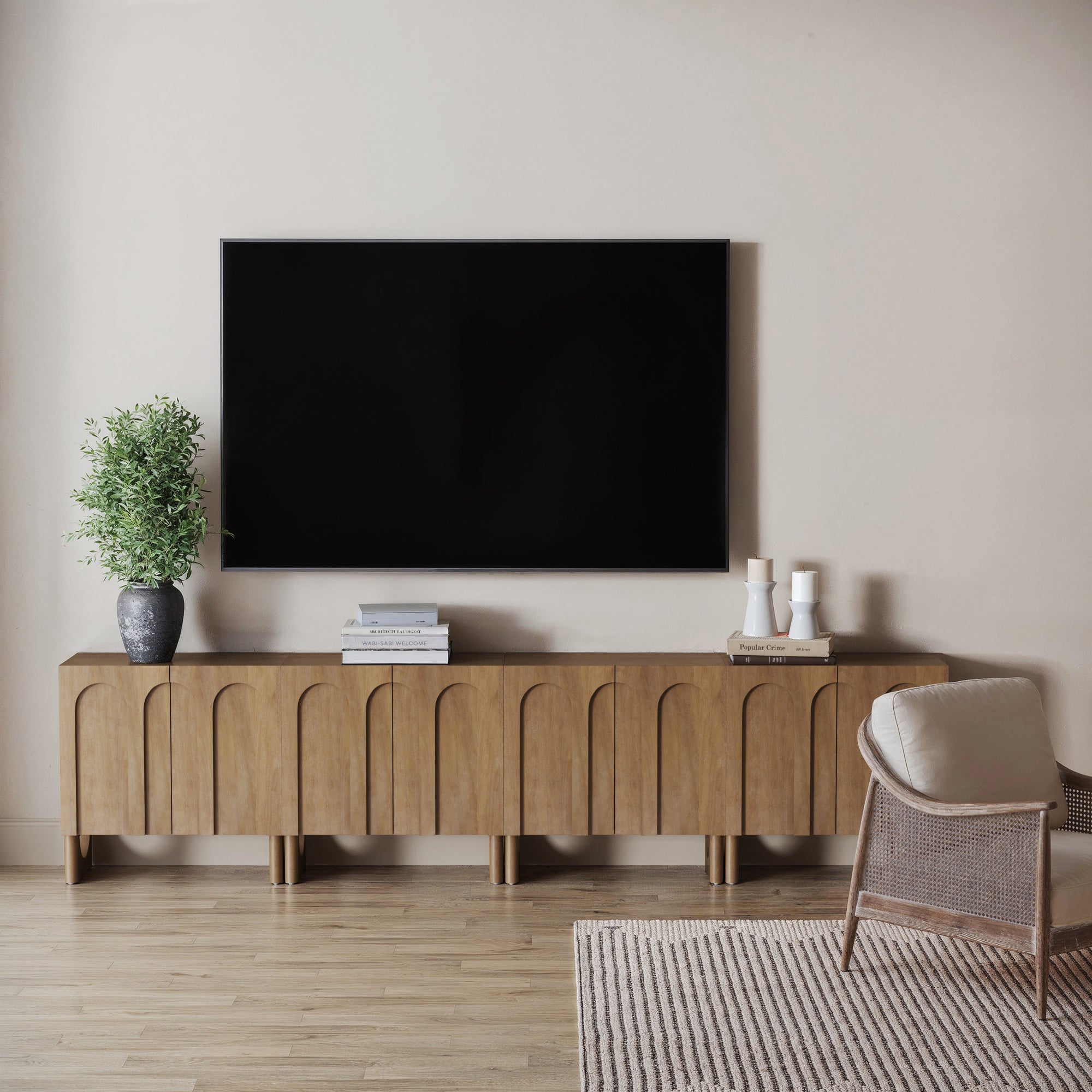 Wood Modular TV Console with Arched Doors for TVs up to 85" Light Brown - Nathan James