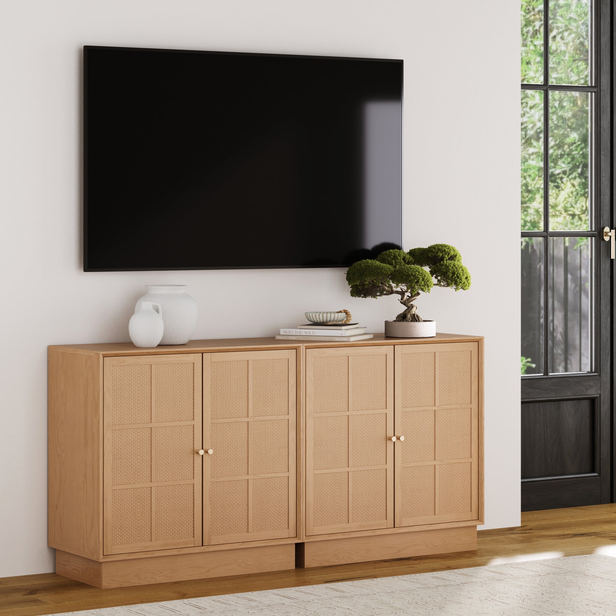 Modern Coastal Rattan Wood Sideboard Storage Cabinet Raw Oak (Set of 2) - Nathan James