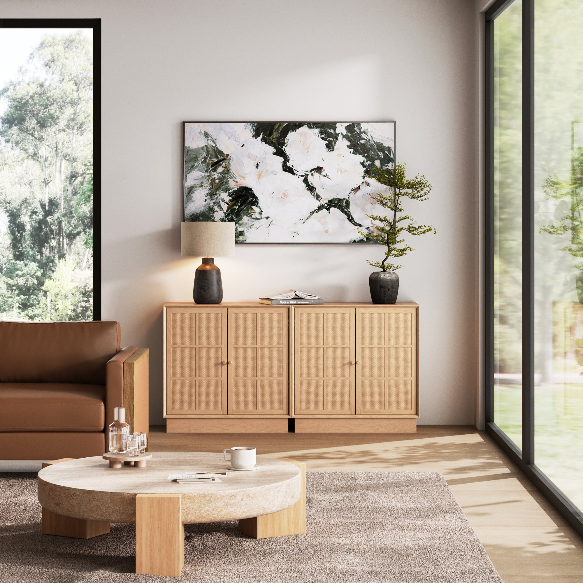 Modern Coastal Rattan Wood Sideboard Storage Cabinet Raw Oak (Set of 2)