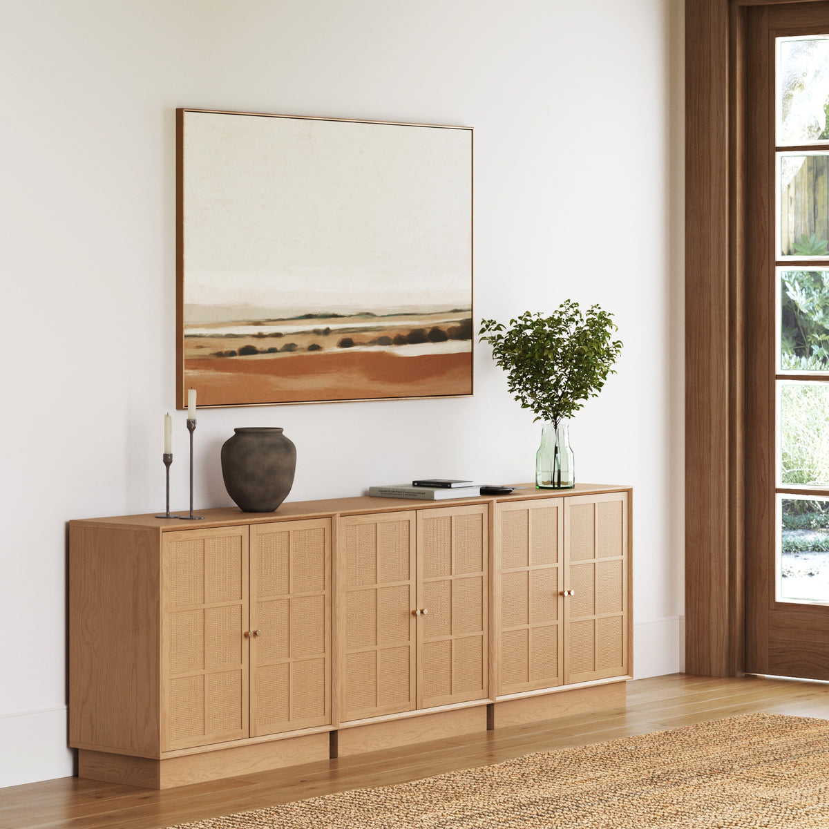 Modern Coastal Rattan Wood Sideboard Credenza Cabinet Raw Oak (Set of 3)