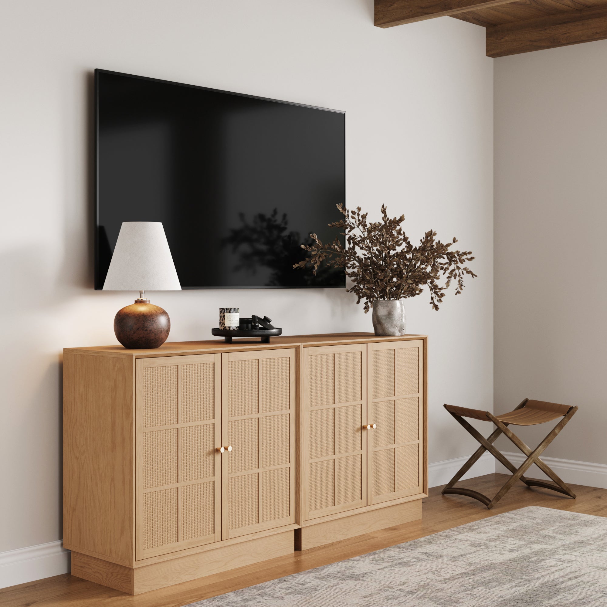 Modern Coastal Rattan Wood Sideboard Storage Cabinet Raw Oak