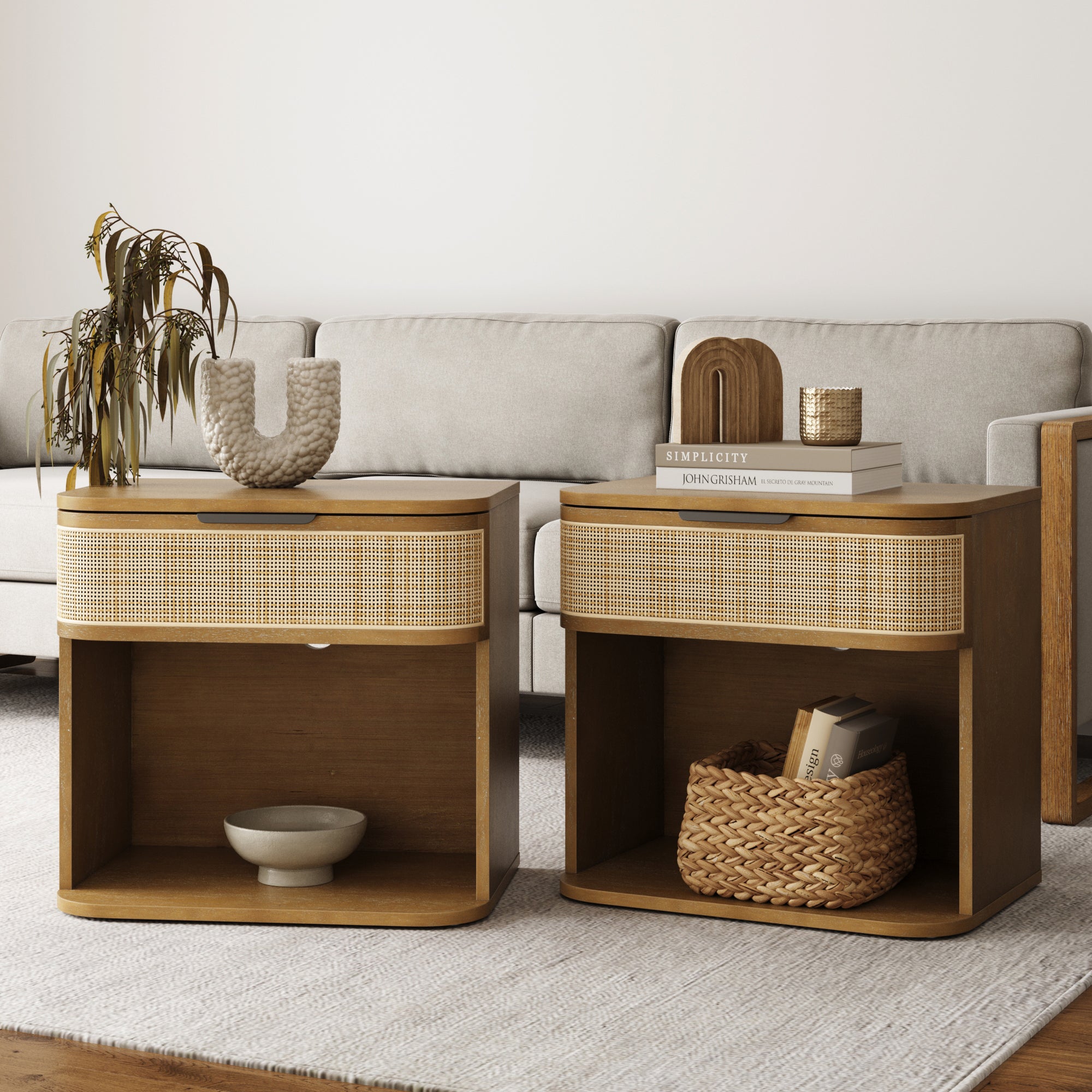 Curved Rattan Nightstand Set with Drawer Light Brown