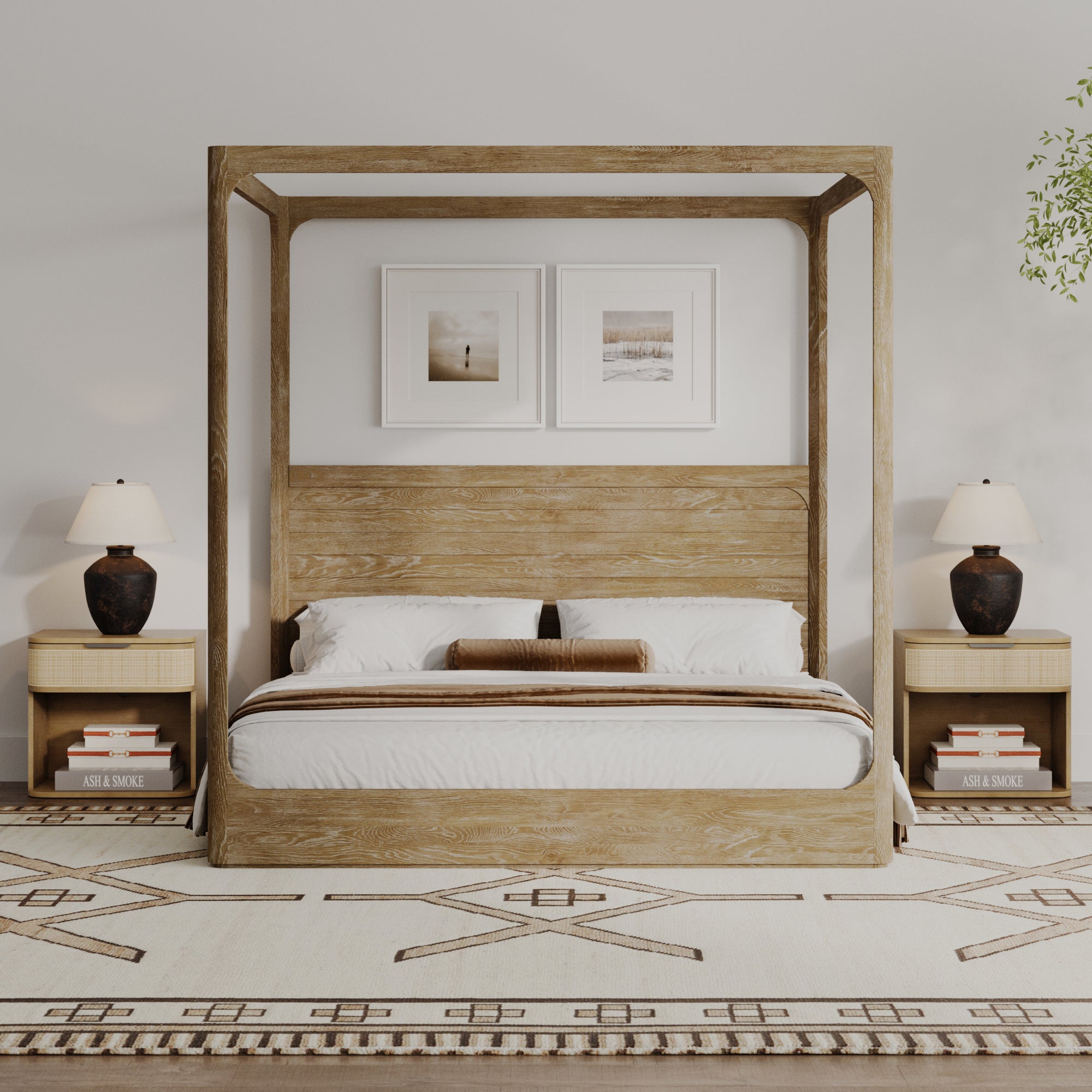 Curved Rattan Nightstand Set with Drawer Light Brown