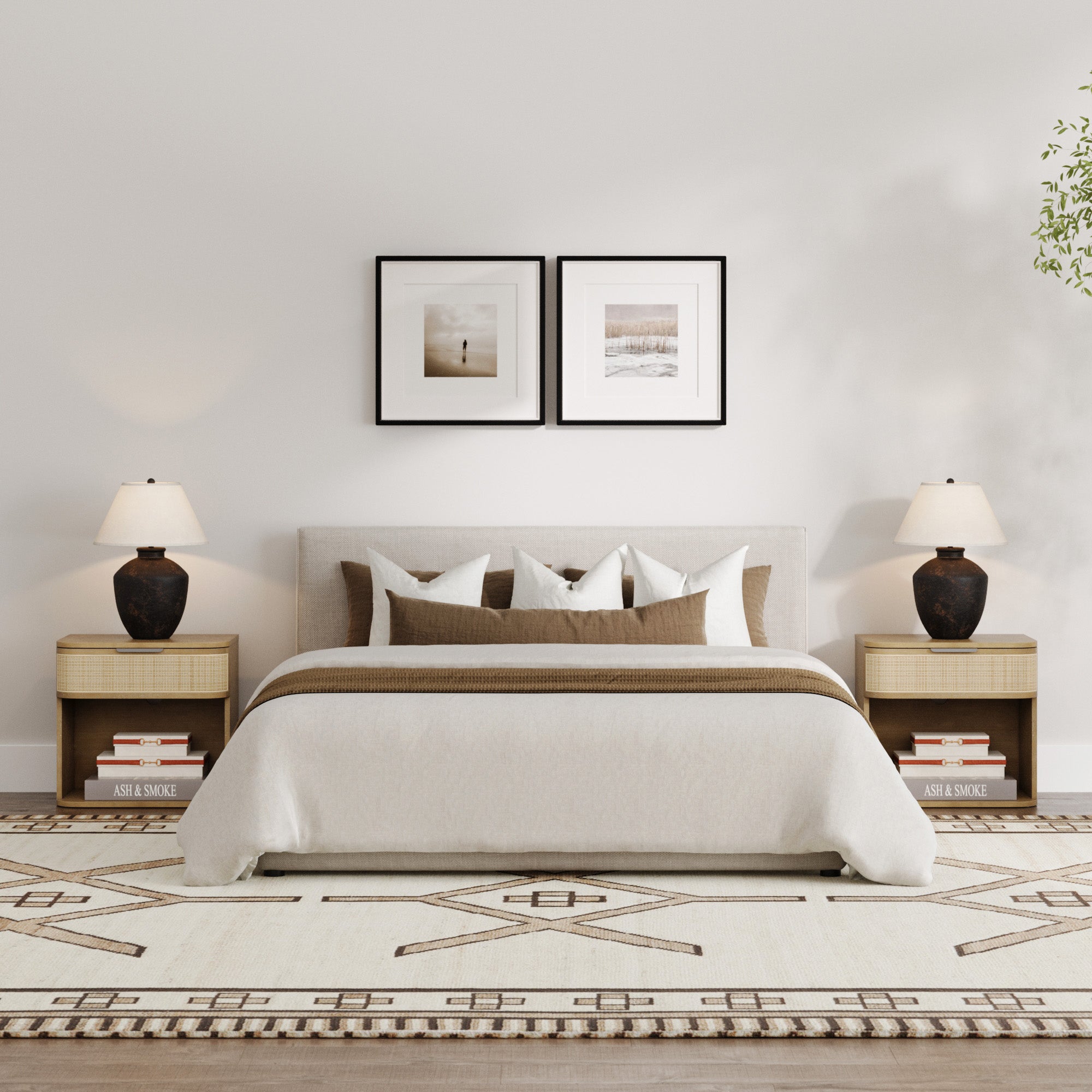 Curved Rattan Nightstand Set with Drawer Light Brown