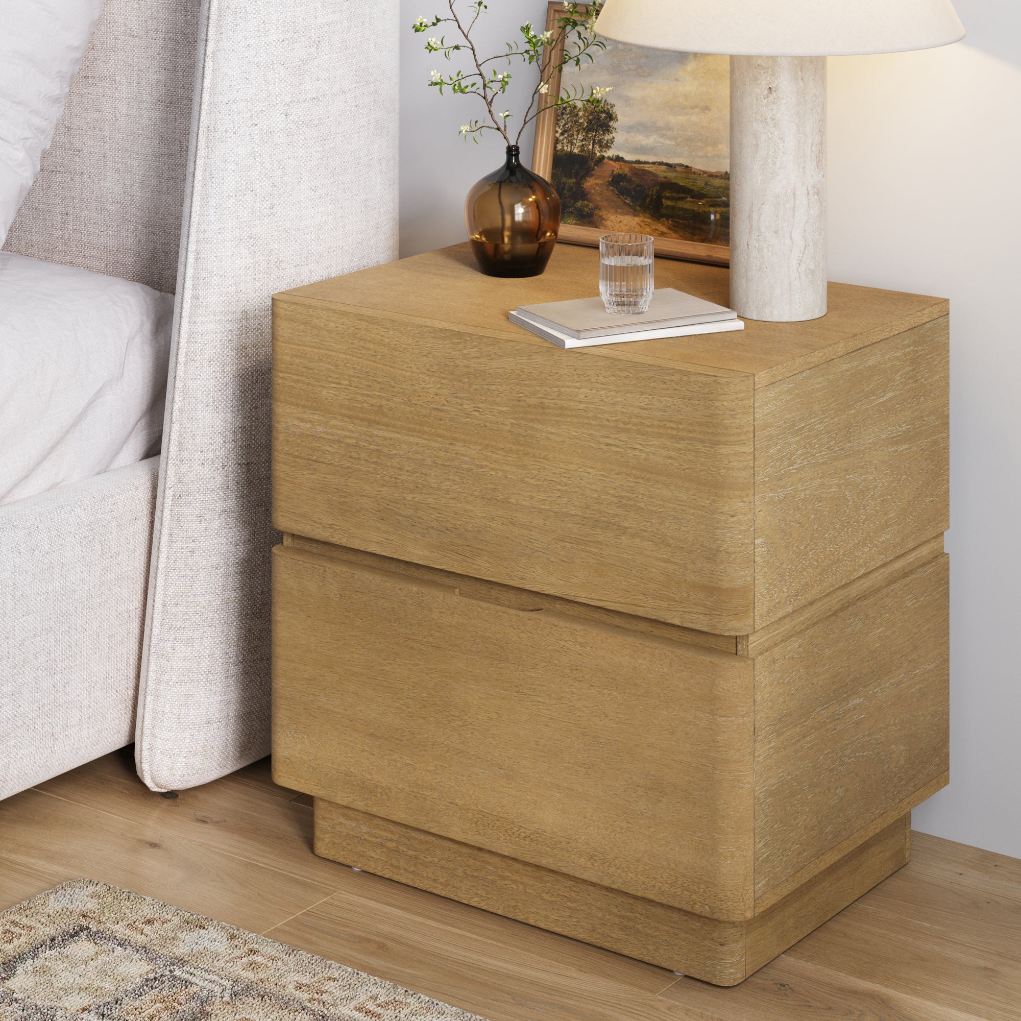 Modern Wood 2 Drawer Nightstand with Rounded Edges Light Brown - Nathan James