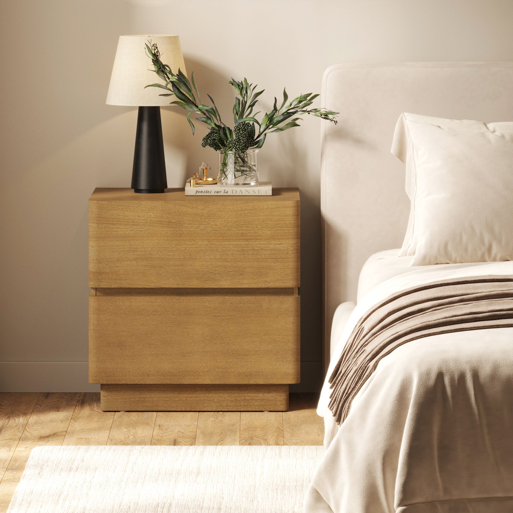 Modern Wood 2 Drawer Nightstand with Rounded Edge Light Brown - Nathan James