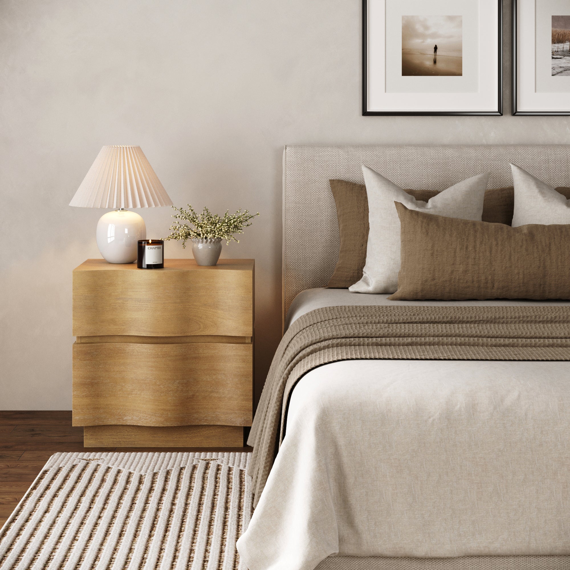 Modern Organic 2 - Drawer Wood Nightstand with Wavy Drawer Fronts Light Brown - Nathan James