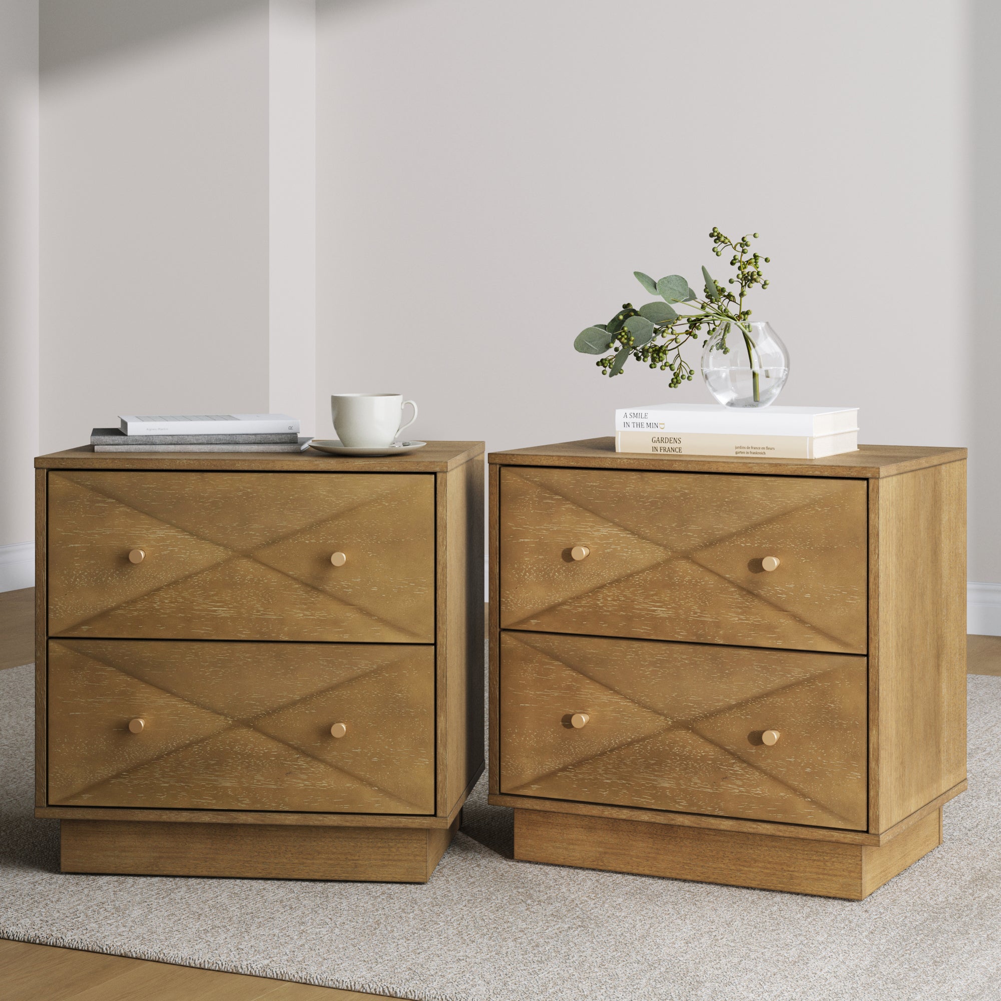 Geometric Wood Modern Nightstand Set of 2 Light Brown
