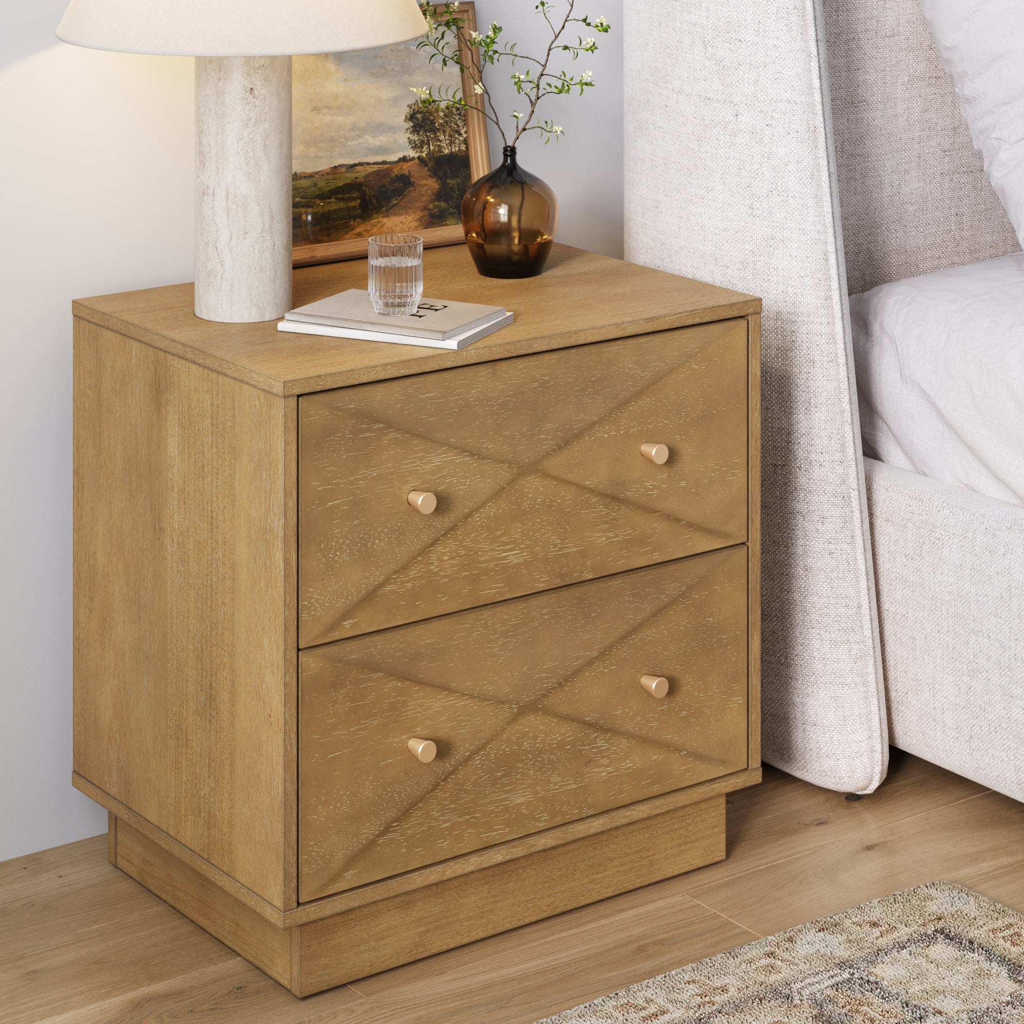 Geometric Wood Modern Nightstand with 2 Drawers Light Brown - Nathan James