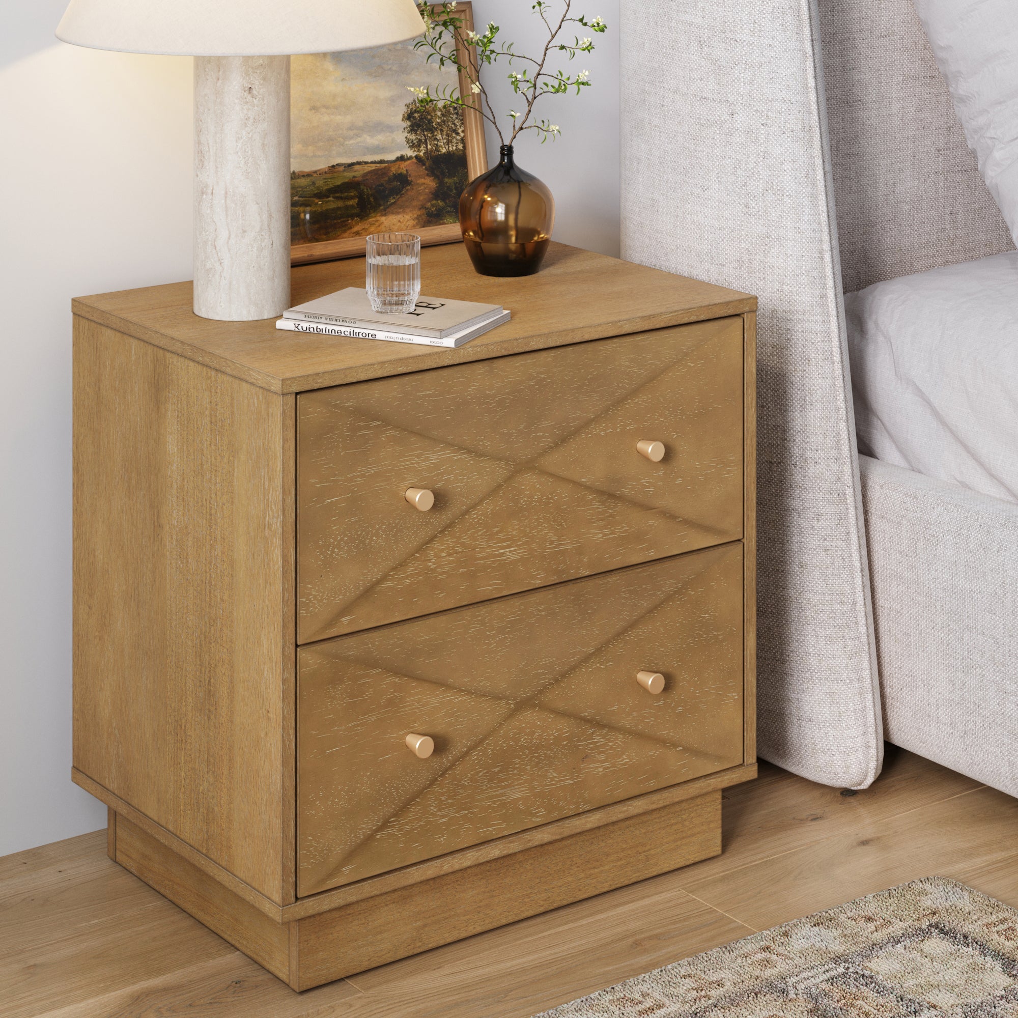 Geometric Wood Modern Nightstand with 2 Drawers Light Brown
