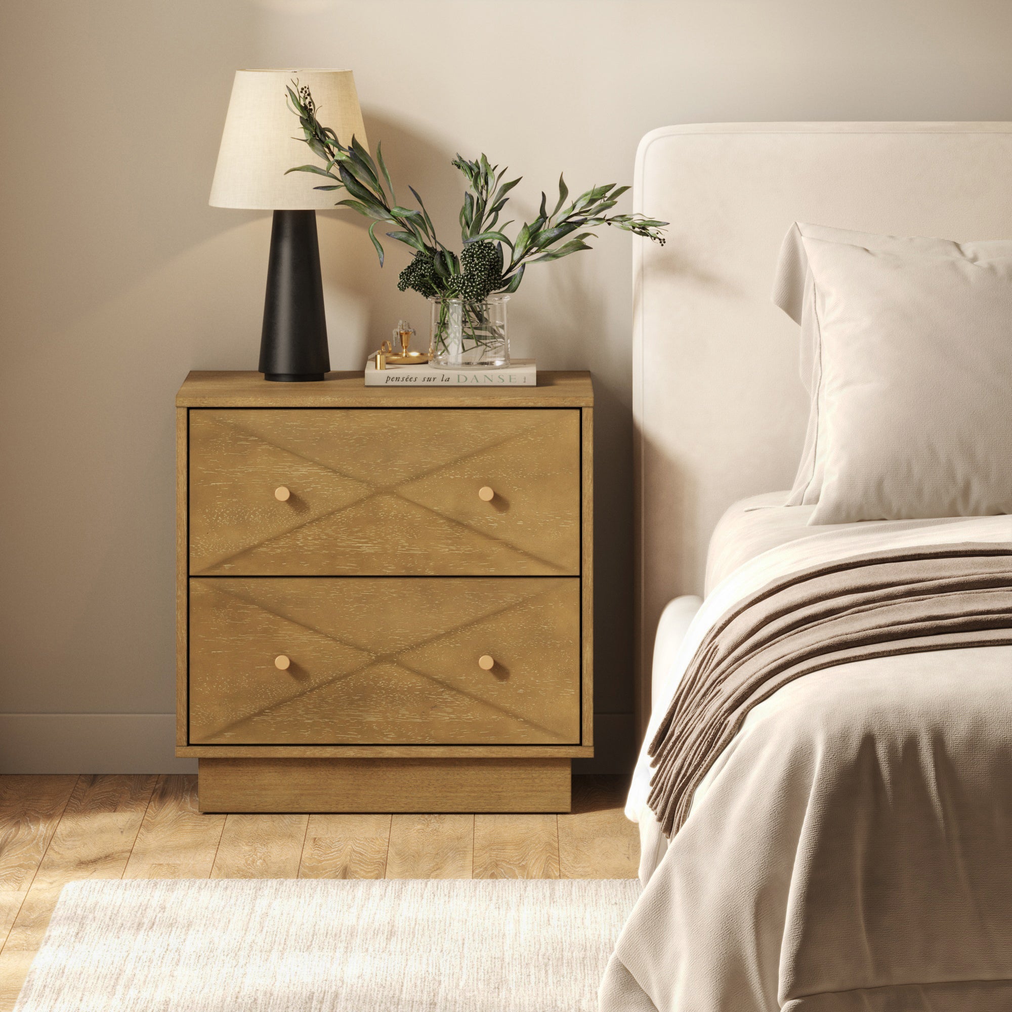 Geometric Wood Modern Nightstand with 2 Drawers Light Brown - Nathan James