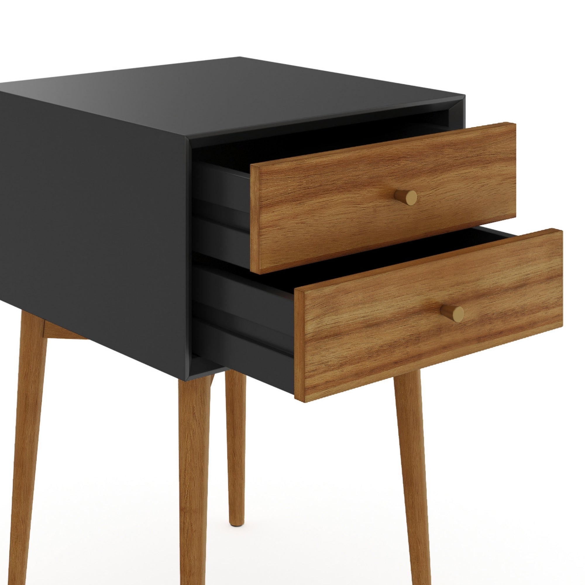A modern nightstand with four wooden legs, a black rectangular body, and two partially open wooden drawers with round knobs, set against a white background.