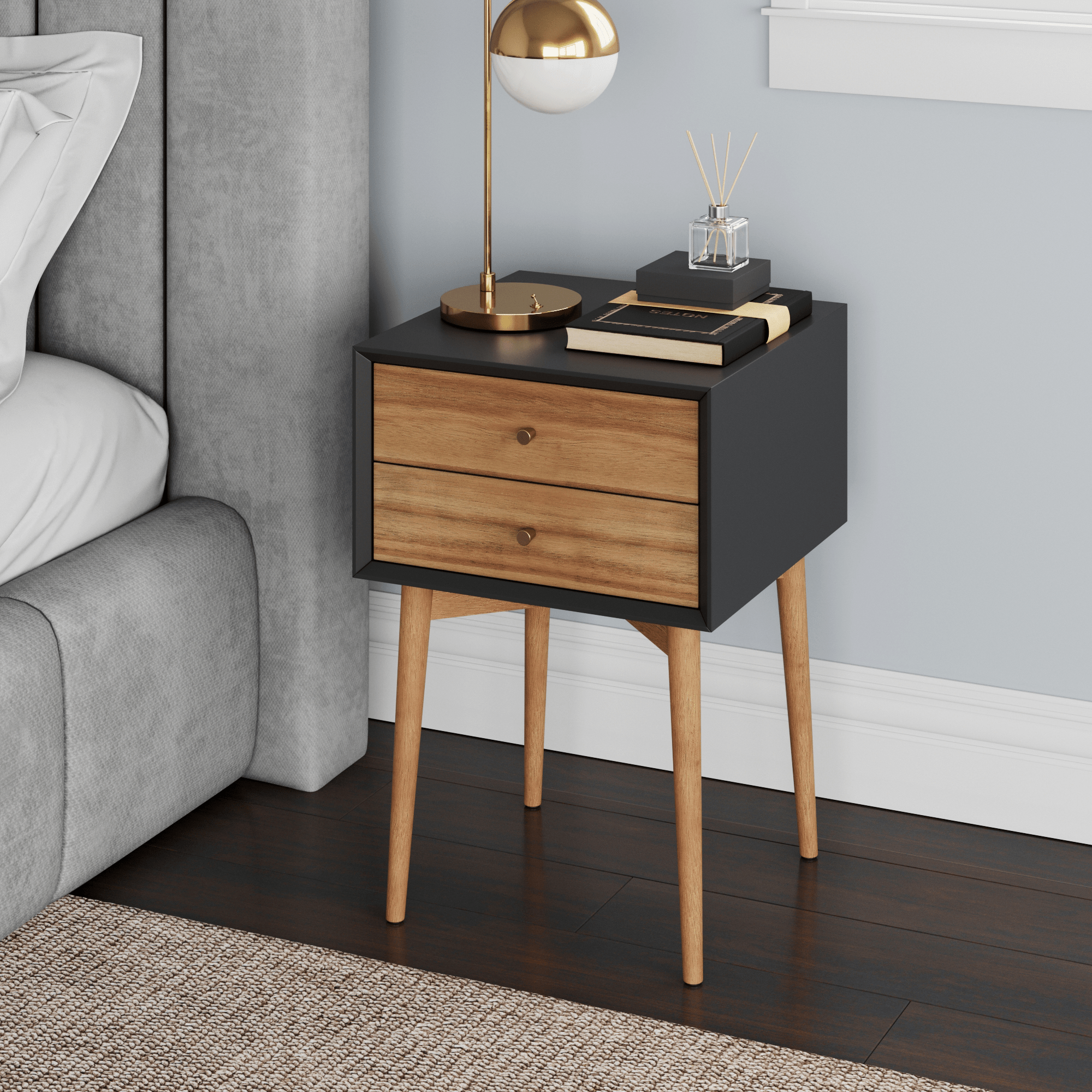 Wood Mid - Century Nightstand Acacia Black - Nathan James
