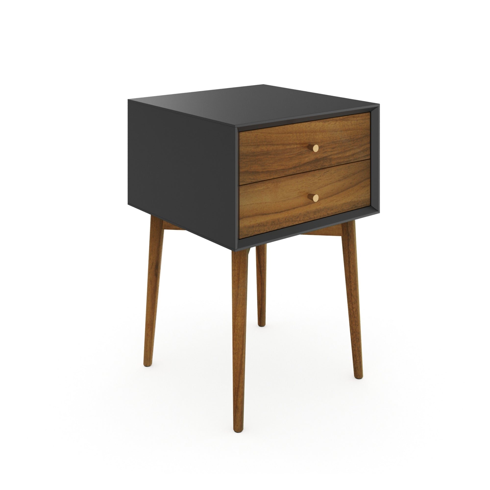 A modern nightstand with a black frame, two wooden drawers featuring round knobs, and four angled wooden legs, set against a white background.