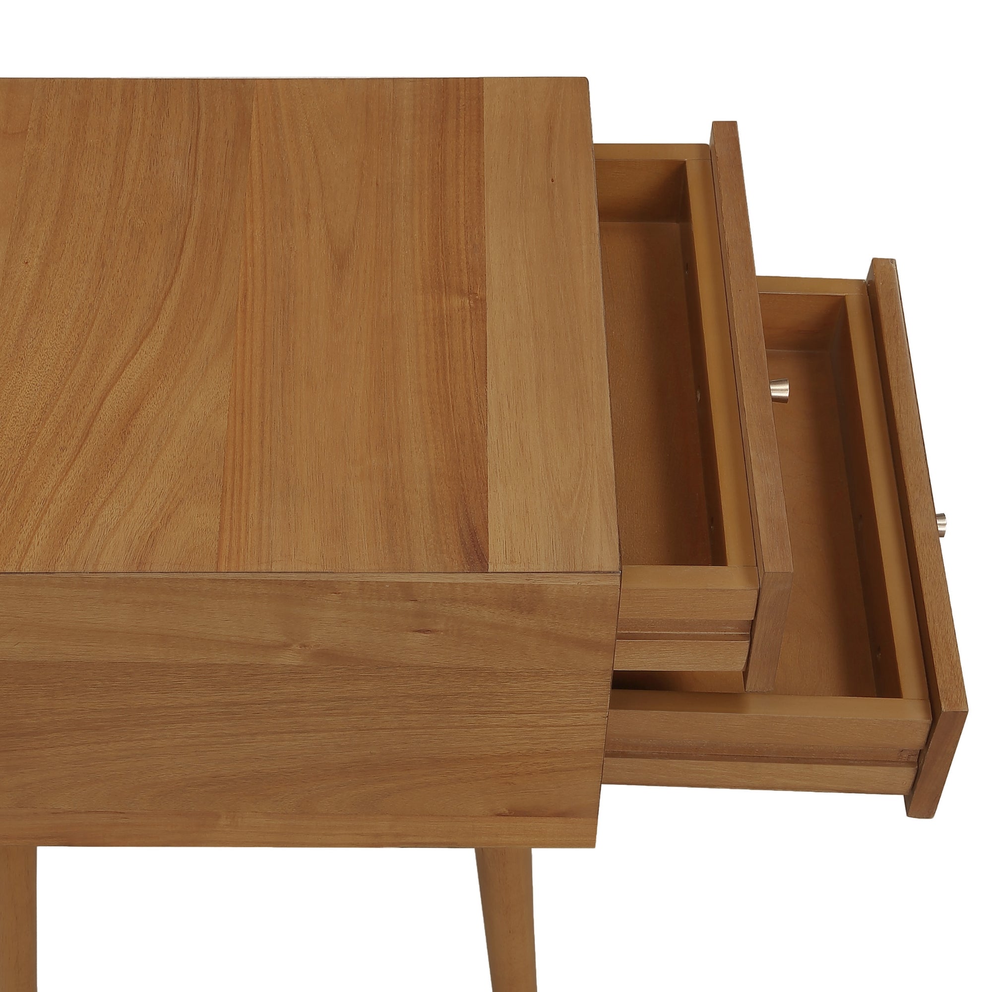 A wooden table with two drawers, one above the other, both partially open. The table has a smooth finish and straight legs.