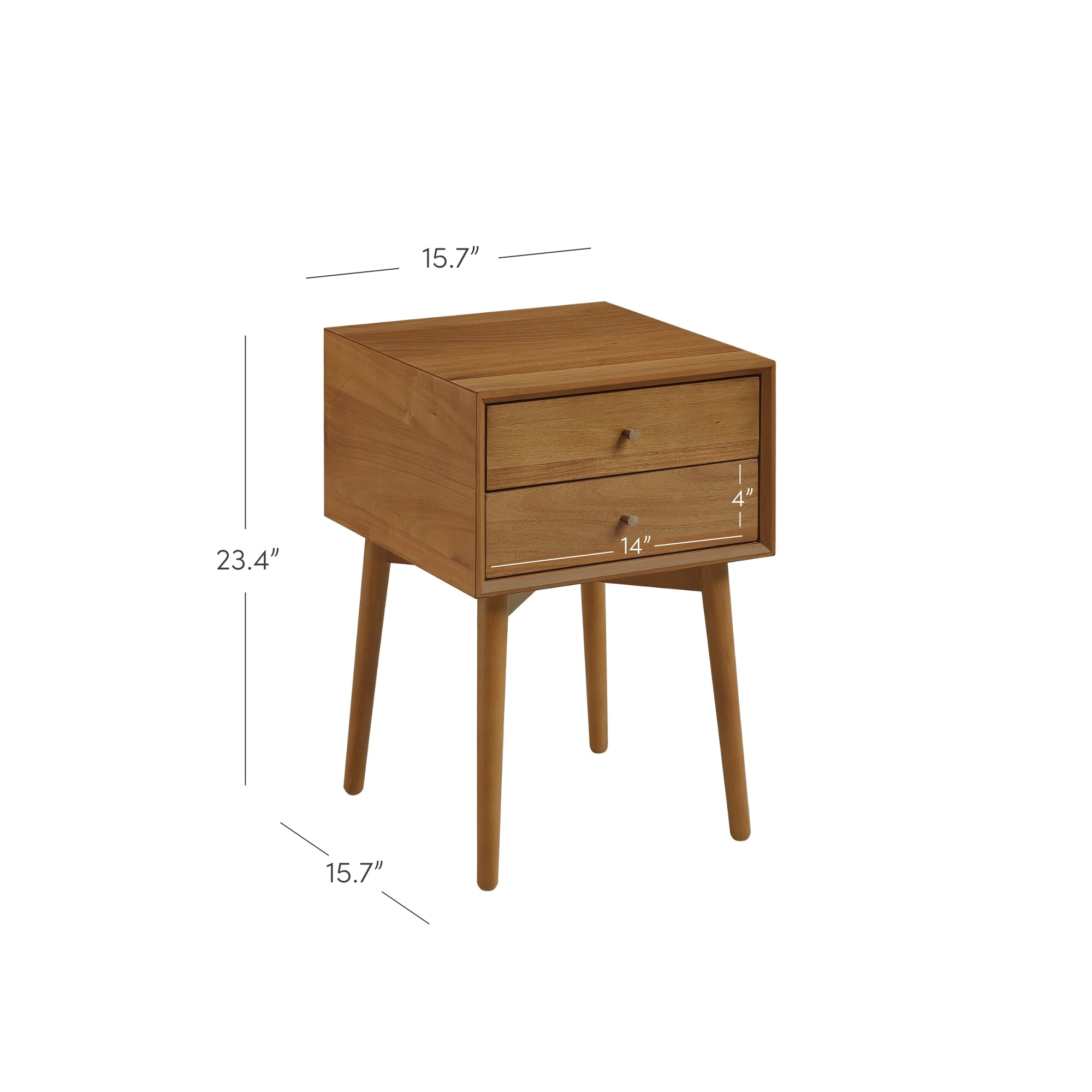 A wooden nightstand with four angled legs, two drawers, and dimensions labeled: 23.4 tall, 15.7 wide and deep, and a top drawer height of 4, drawer width 14.