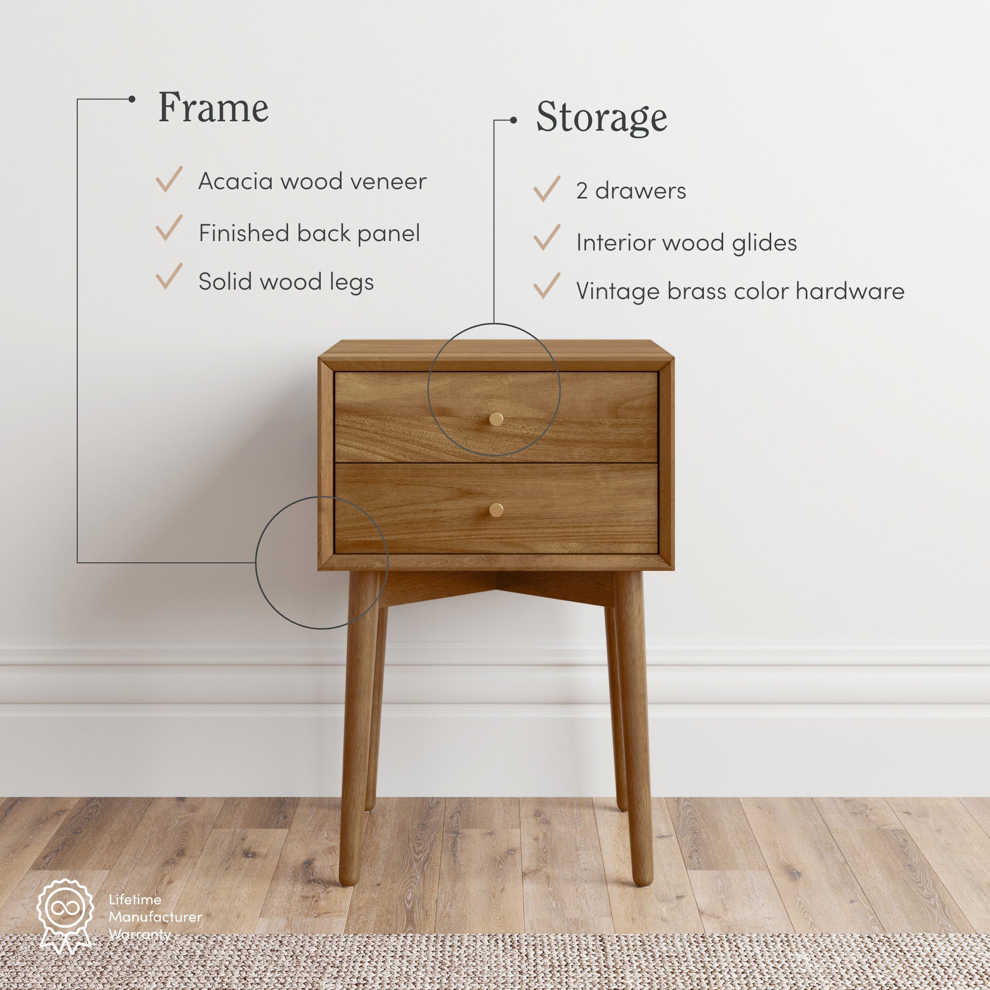 A modern wooden nightstand with two drawers stands against a white wall. Text highlights its acacia wood veneer, solid wood legs, finished back panel, two drawers, wood glides, and vintage brass hardware.