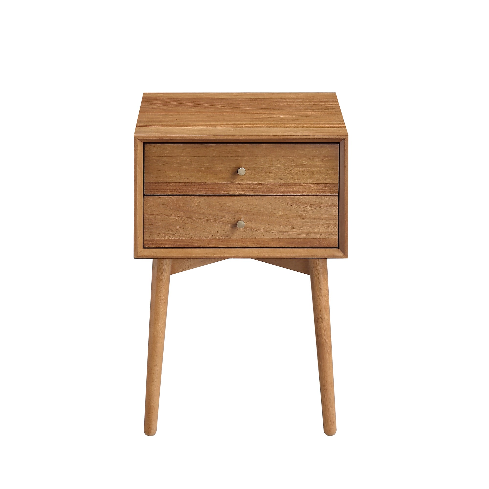 A wooden nightstand with two drawers and angled legs. The drawers have small round knobs, and the design features clean, simple lines in a light wood finish.