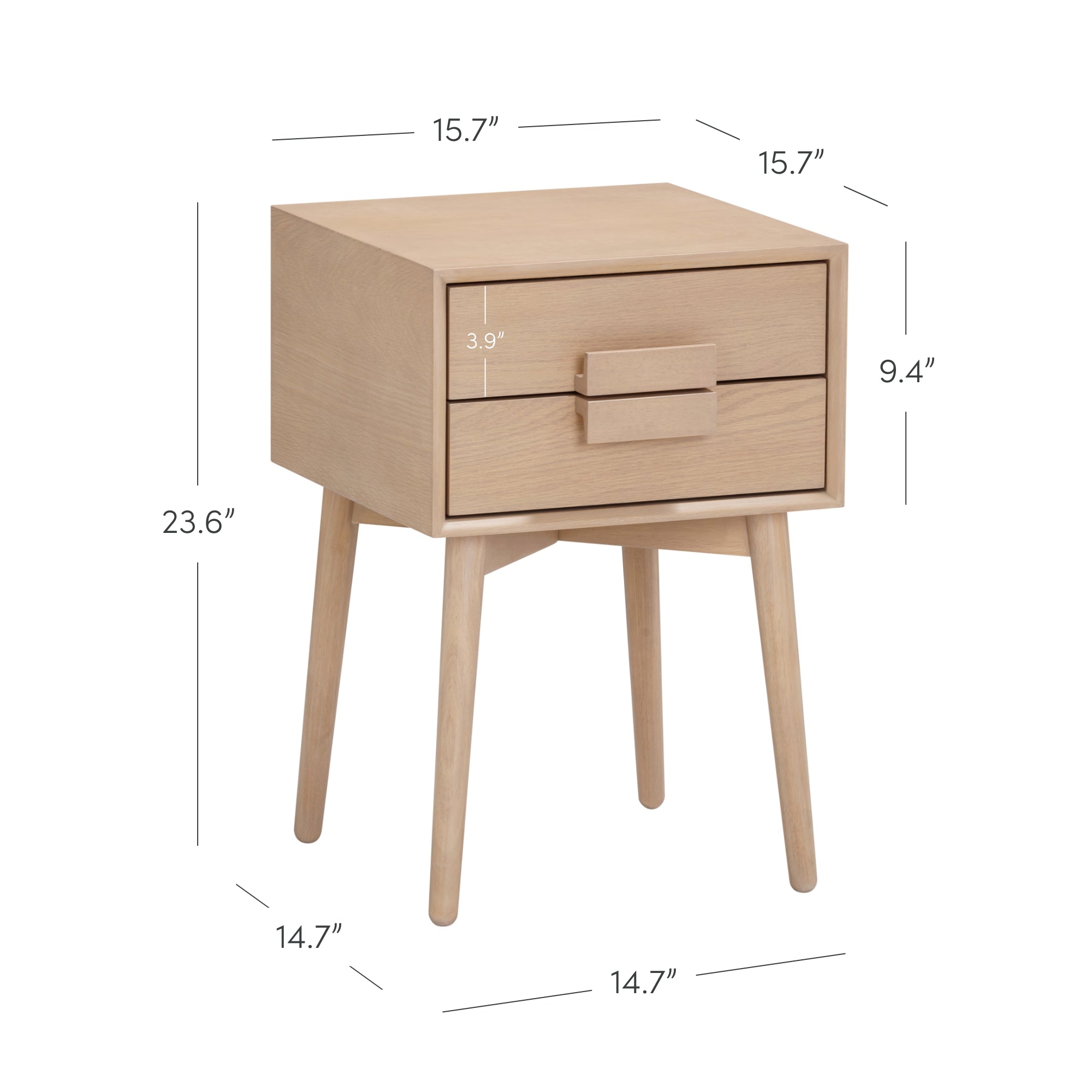 A light wood nightstand with two drawers, rectangular handles, and four tapered legs. Dimensions are marked: height 23.6, width 15.7, depth 15.7, drawer height 3.9, and leg span 14.7.