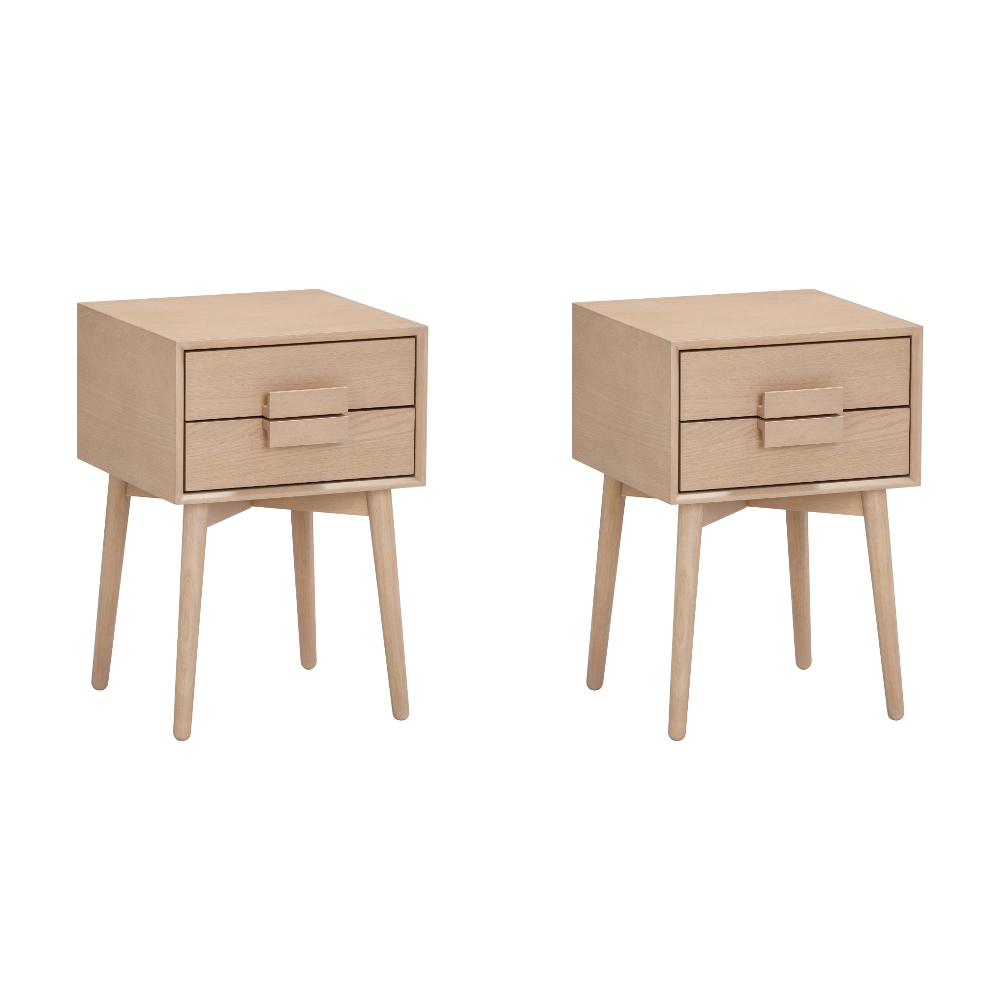 Two identical light wood bedside tables with two drawers each, angled handles, and four tapered legs, placed side by side against a white background.