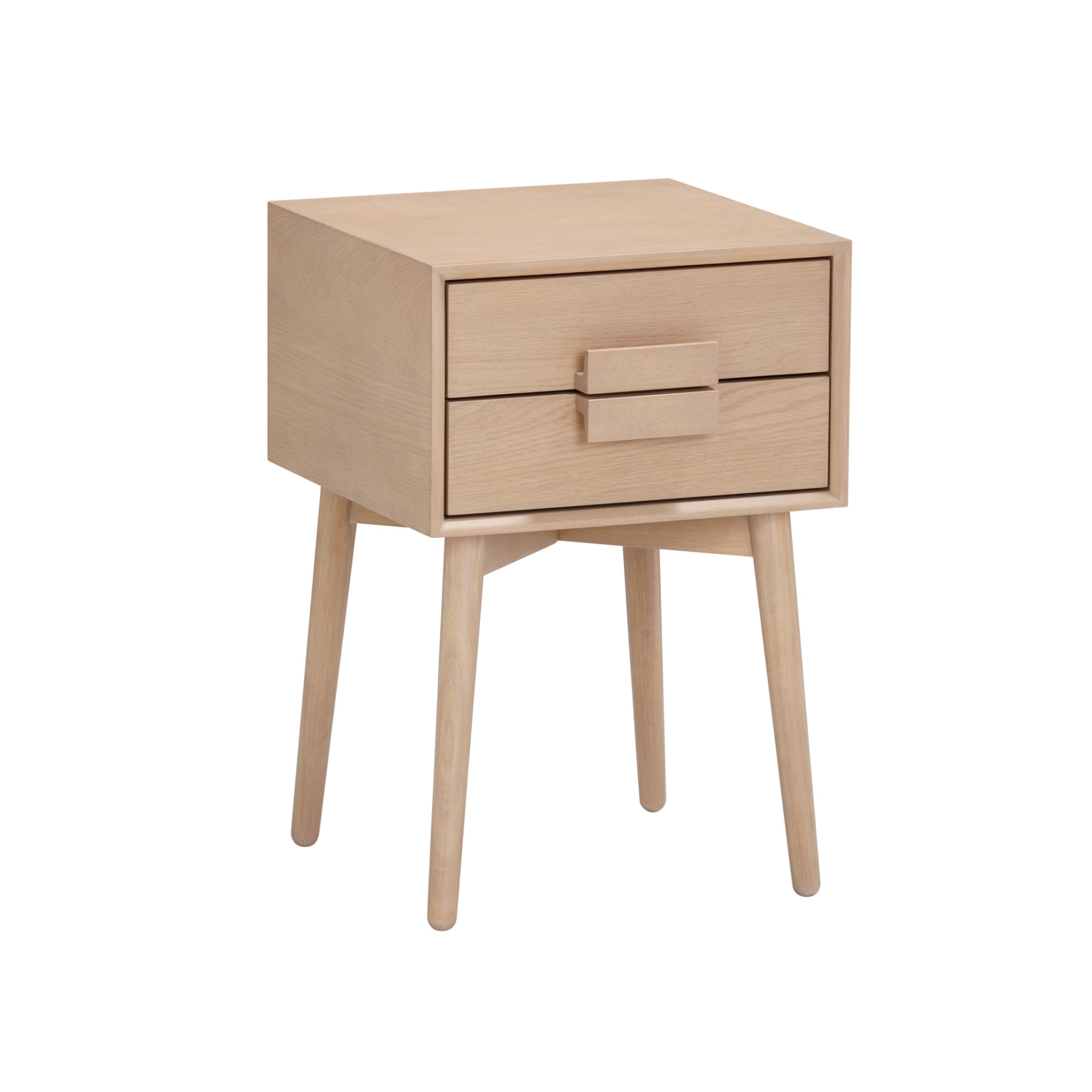 A light wood nightstand with four angled legs, two drawers, and a rectangular handle on the top drawer, shown against a white background.