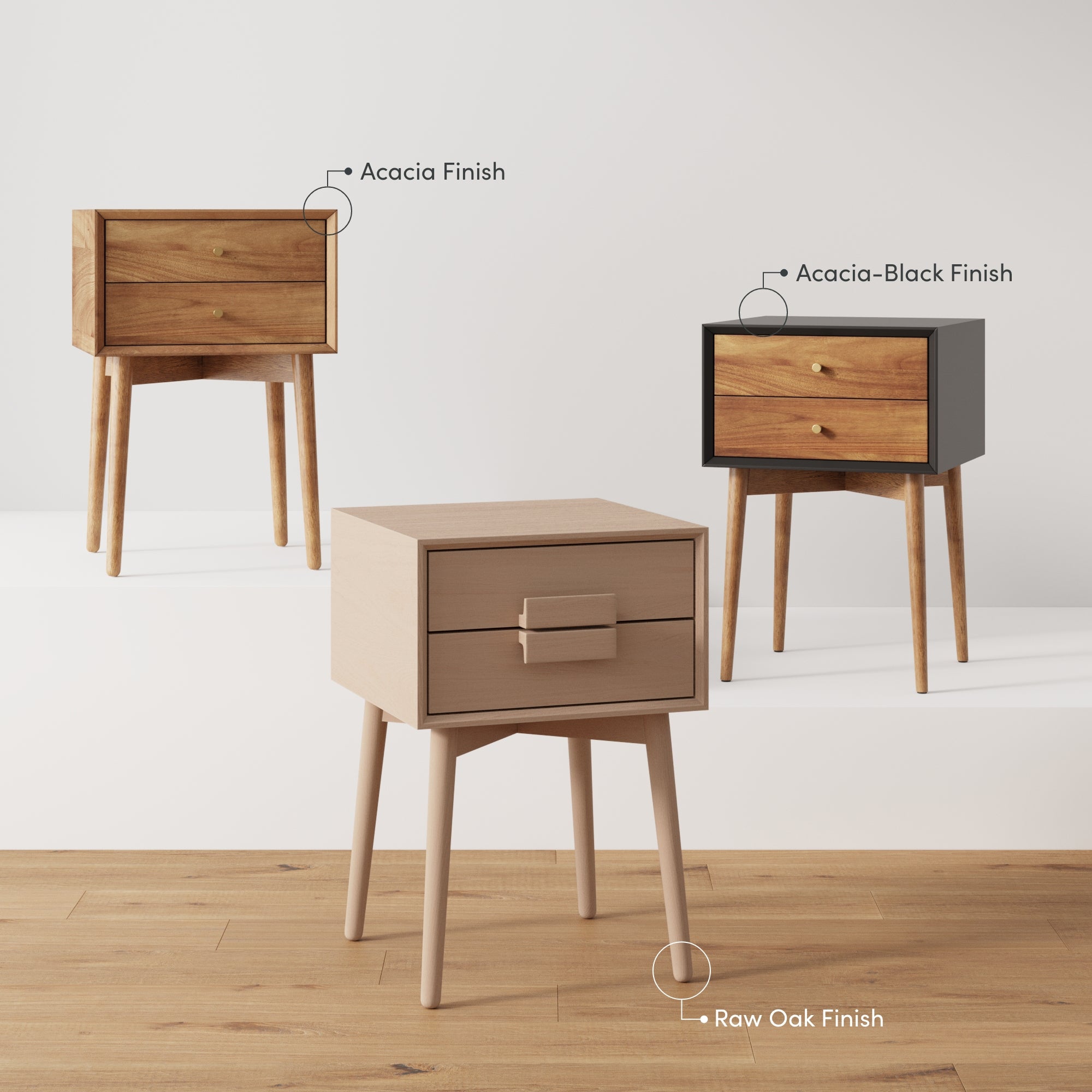 Three small wooden nightstands are shown, each with a different finish: acacia, acacia-black, and raw oak. The nightstands have angled legs and are displayed on a wooden floor against a plain background.