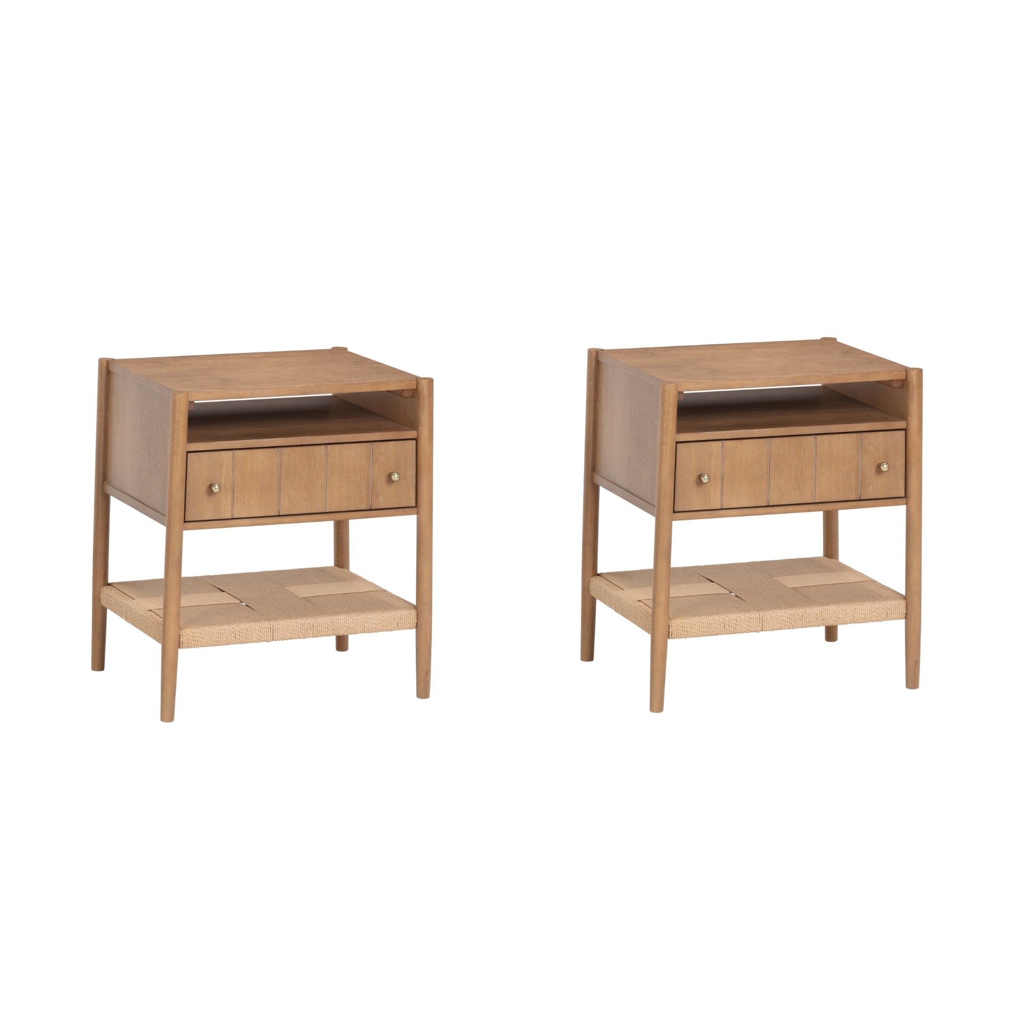 Two matching wooden nightstands with a single drawer, an open shelf above the drawer, and a lower woven rattan shelf. Each nightstand has four legs and a light brown finish.