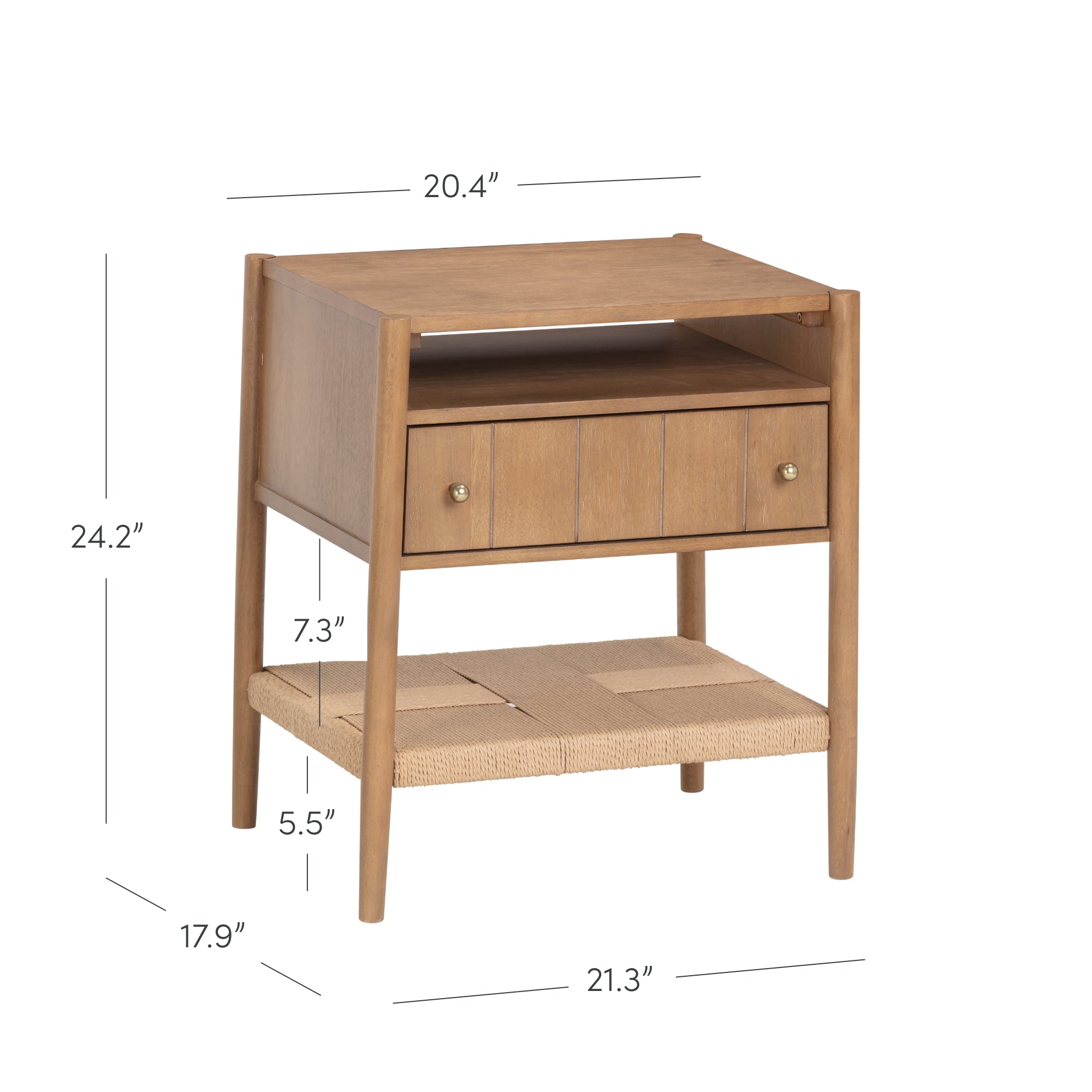 A wooden side table with one drawer, an open shelf, and a woven bottom shelf. Dimensions labeled: 24.2 high, 20.4 wide, 21.3 deep, drawer height 7.3, bottom shelf 5.5, side depth 17.9.
