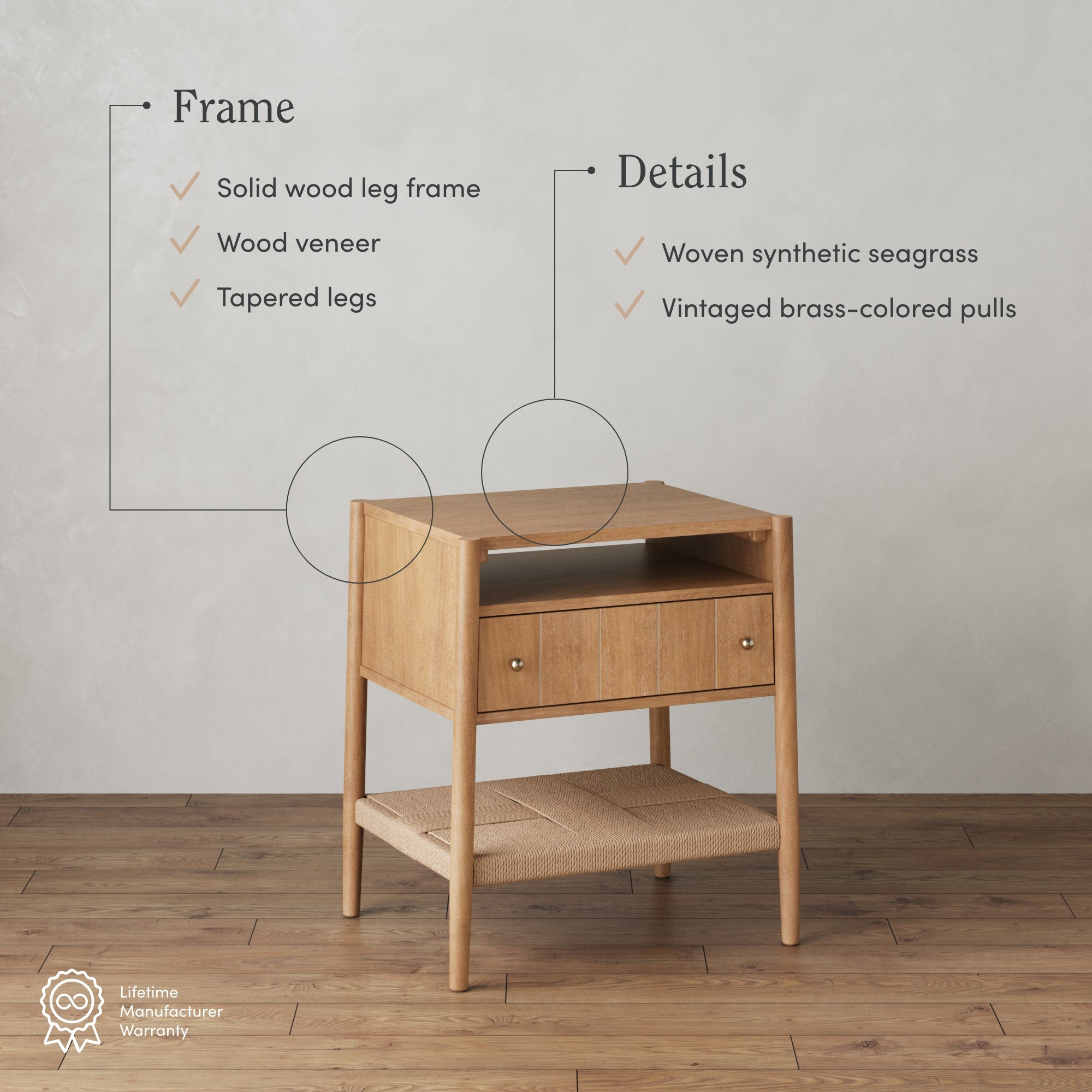 A wooden nightstand with a drawer, open shelf, and woven seagrass bottom shelf is shown. Text highlights its solid wood leg frame, wood veneer, tapered legs, synthetic seagrass, and brass-colored pulls.