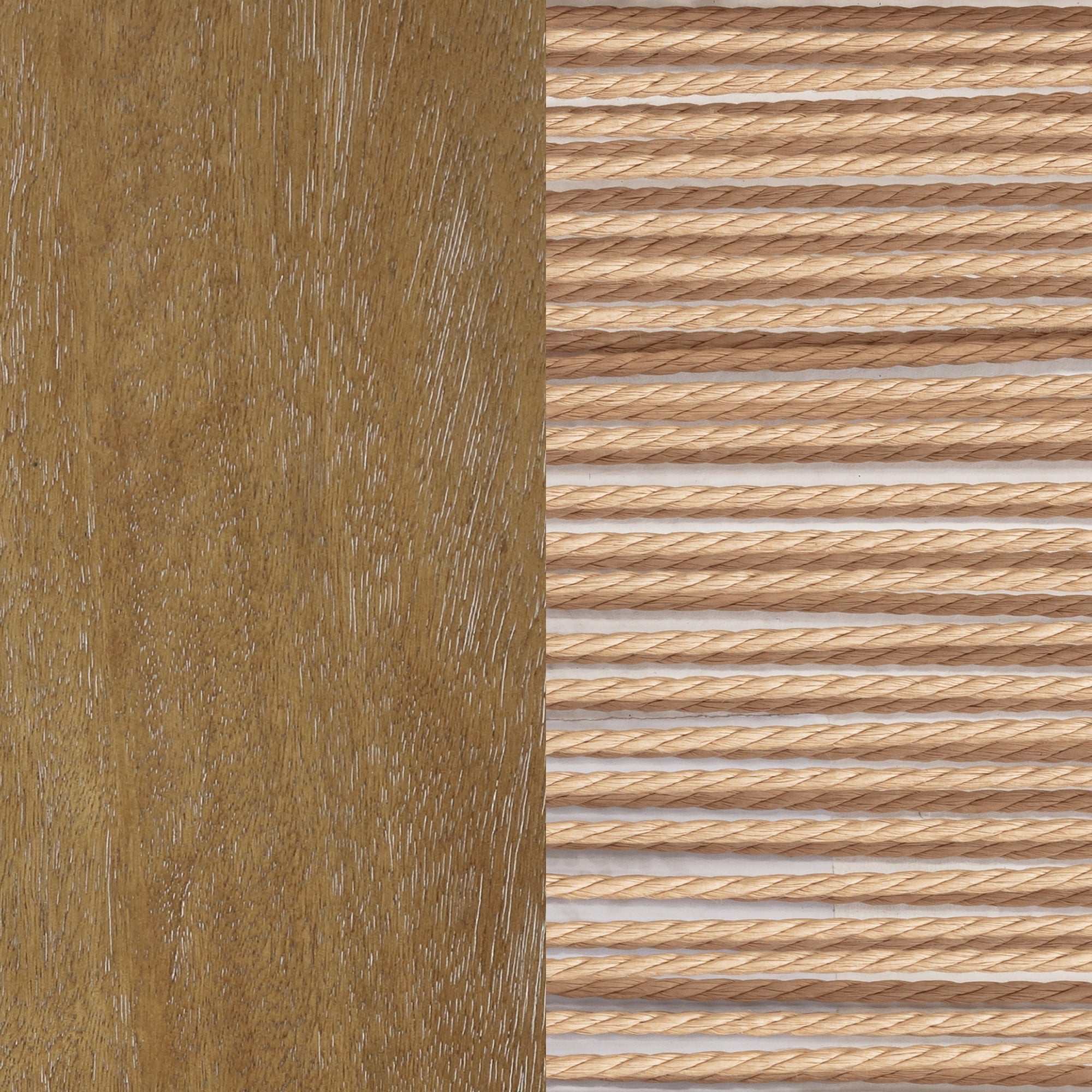 Close-up of a surface divided vertically: the left half shows smooth, natural wood grain, while the right half displays evenly spaced, horizontal, light brown rope strips against a light background.