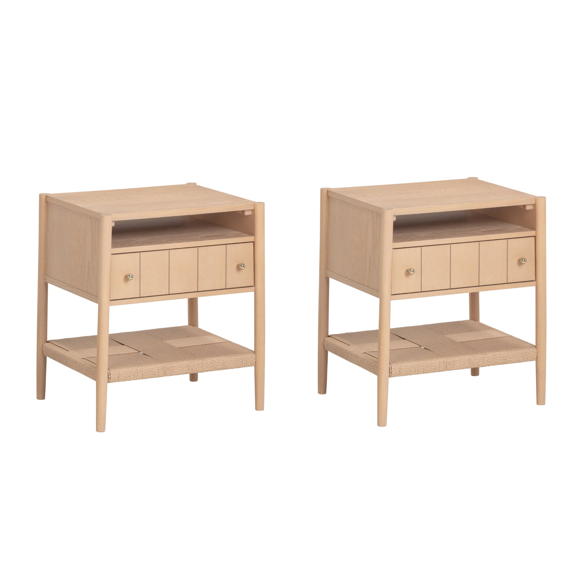 Two light wood nightstands with open shelves, single drawers with small round knobs, and woven lower shelves. Both have a simple, modern design with clean lines and a natural finish.