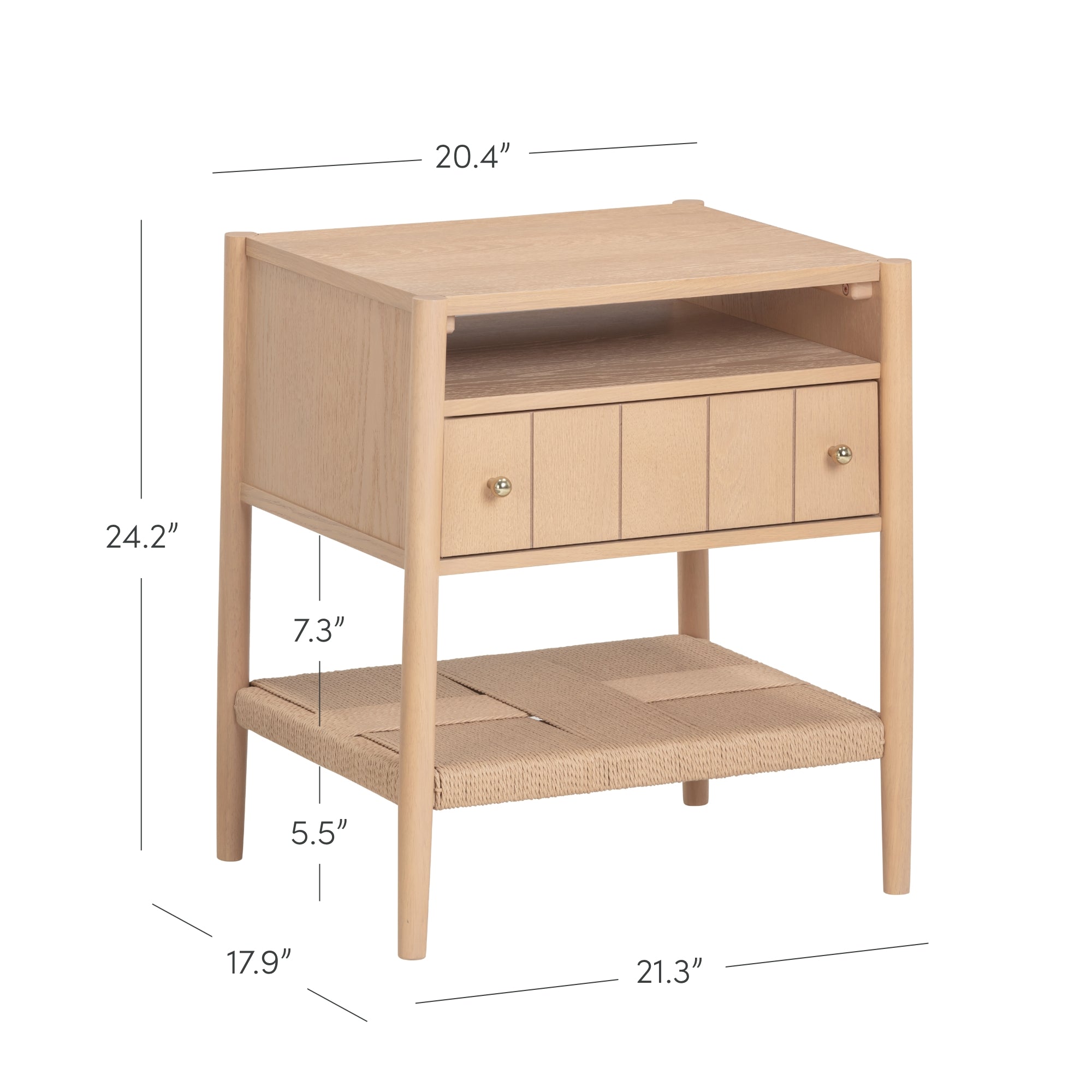 Light wood nightstand with one drawer, an open shelf above it, and a woven lower shelf. Dimensions are labeled: 24.2 tall, 20.4 wide, 21.3 deep; drawer is 7.3 high, lower shelf is 5.5 high, and 17.9 deep.