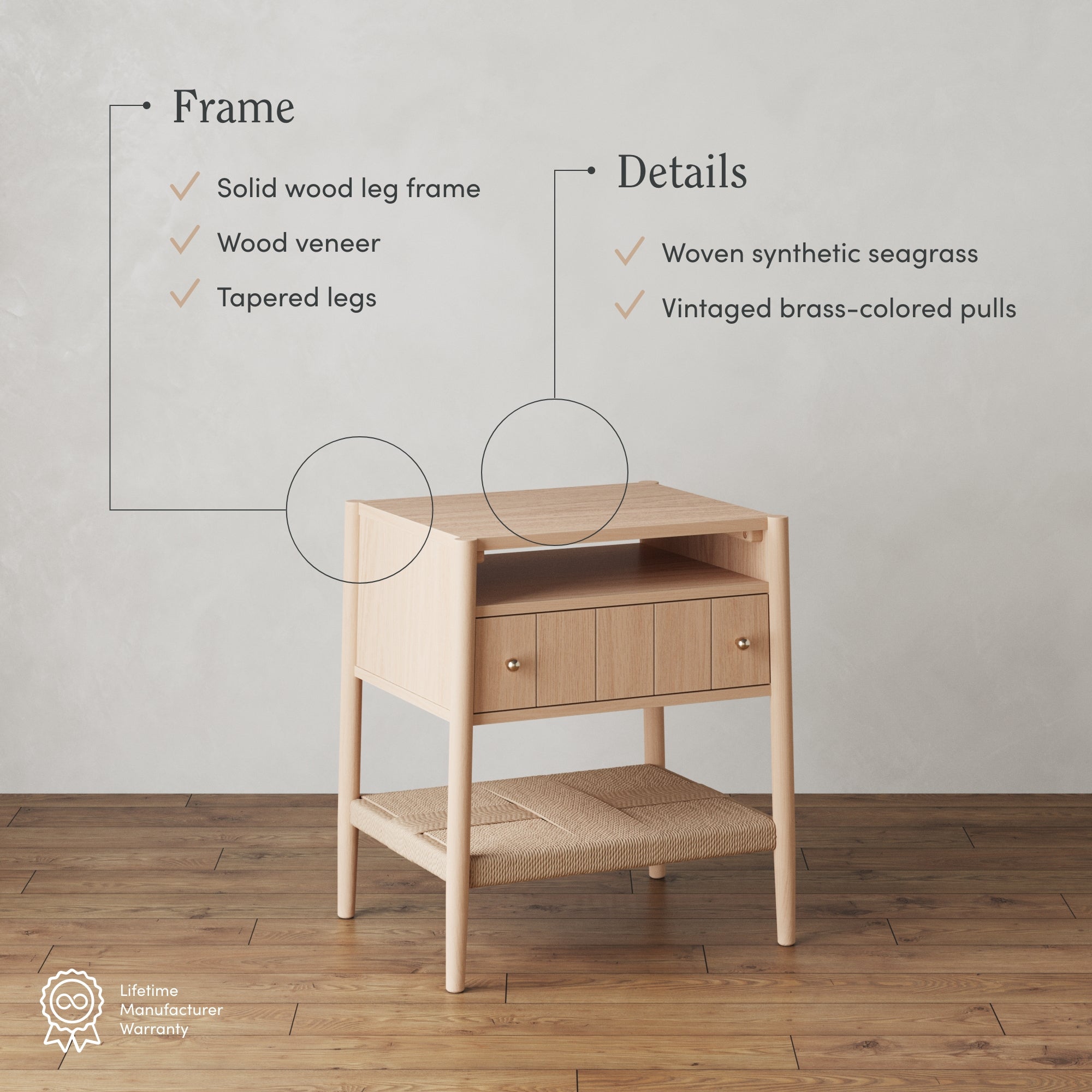 Light wood nightstand with tapered legs, a seagrass woven shelf, and brass-colored drawer pulls. Text highlights features: solid wood frame, wood veneer, and warranty icon in the corner.