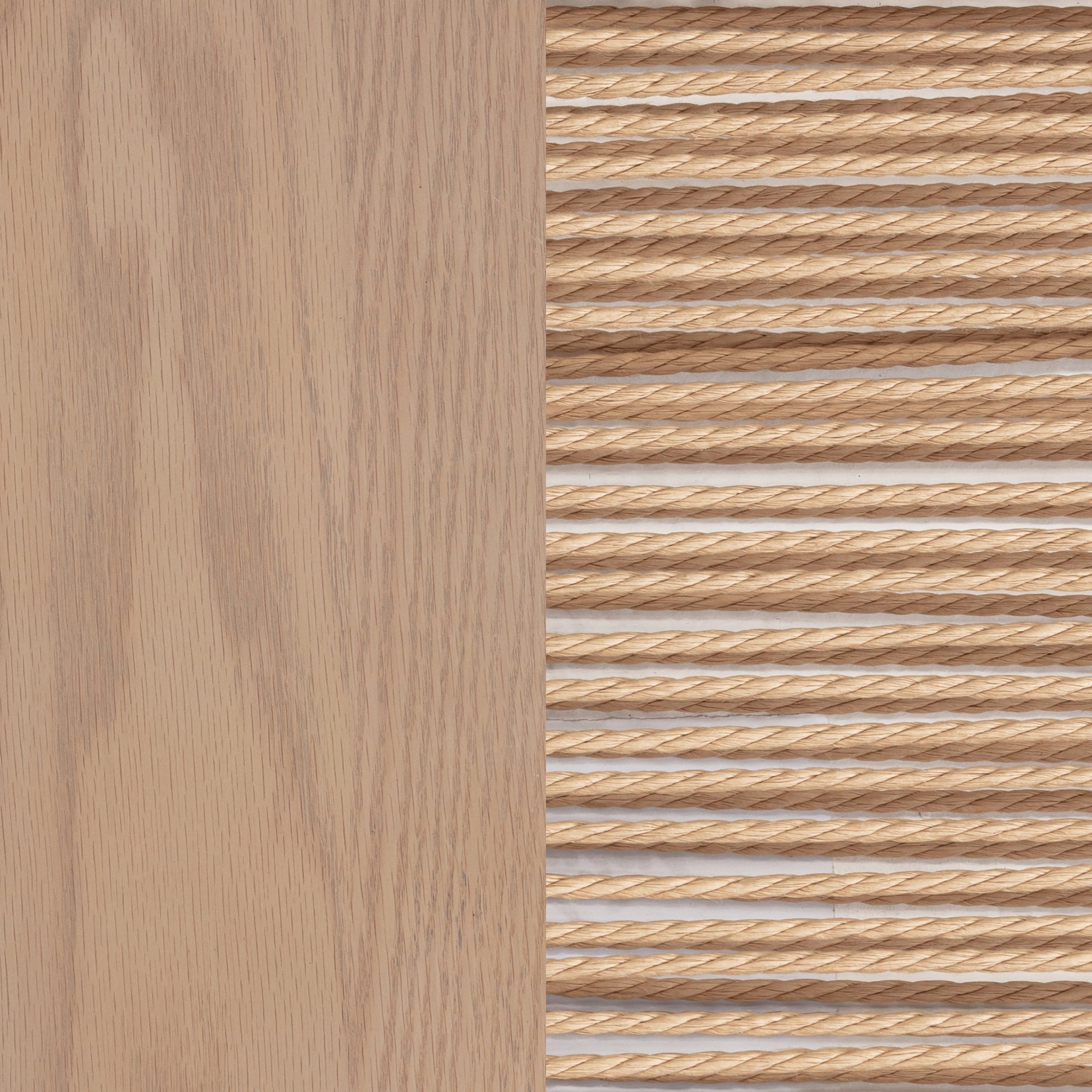 A light wood panel on the left sits next to horizontal rows of thick, twisted rope on the right, both in similar beige tones, creating a contrasting texture.