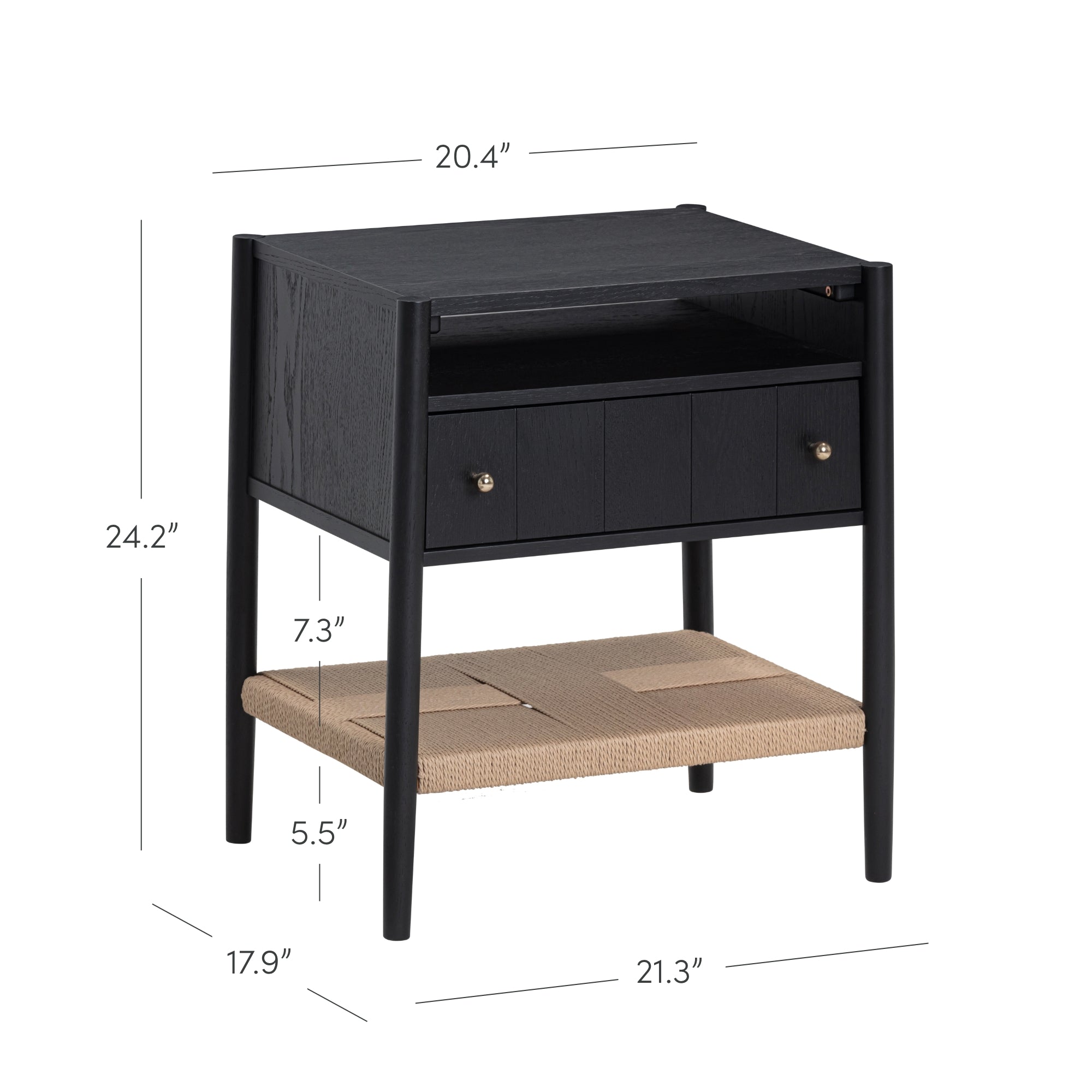 A black wooden nightstand with two small drawers, an open shelf above the drawers, and a lower woven shelf. Measurements are shown: 24.2 tall, 20.4 wide, 21.3 deep, with drawer heights of 7.3 and 5.5.