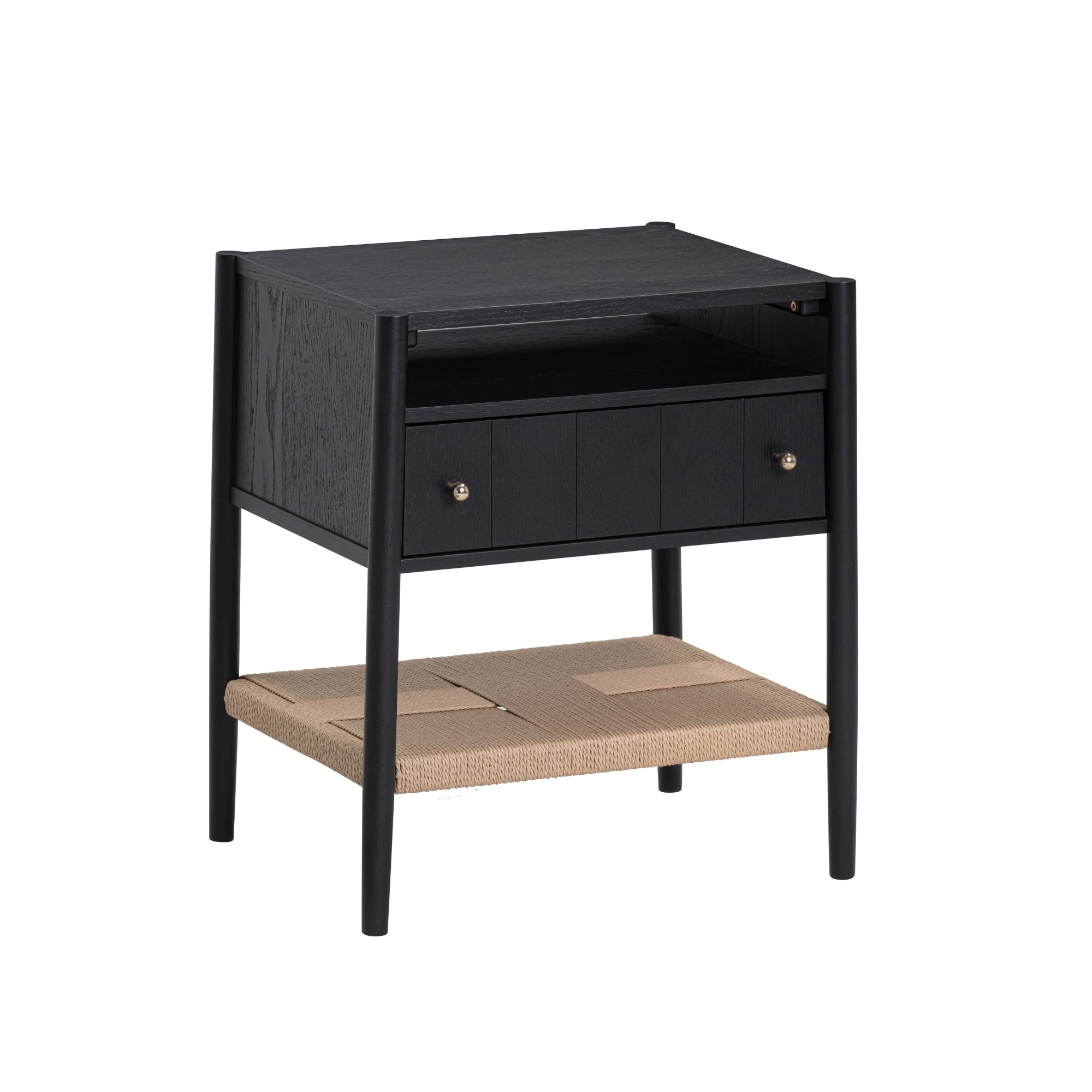 Black wooden nightstand with two small drawers, an open shelf, and a lower woven beige shelf. The design is modern with simple, straight lines and round legs.