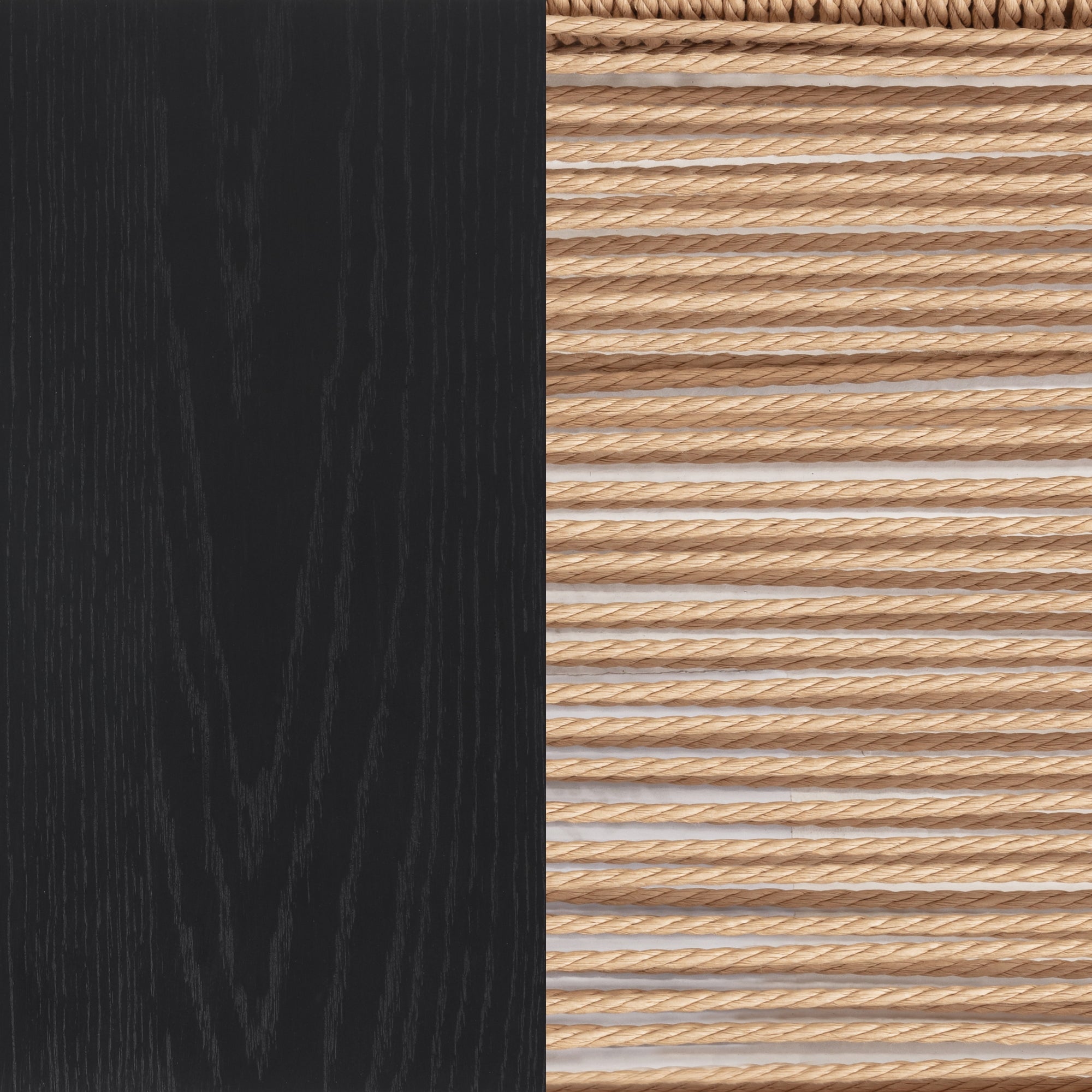 The image shows a vertical split: the left side is a black wood texture with visible grain, and the right side features parallel rows of light brown rope over a white background.
